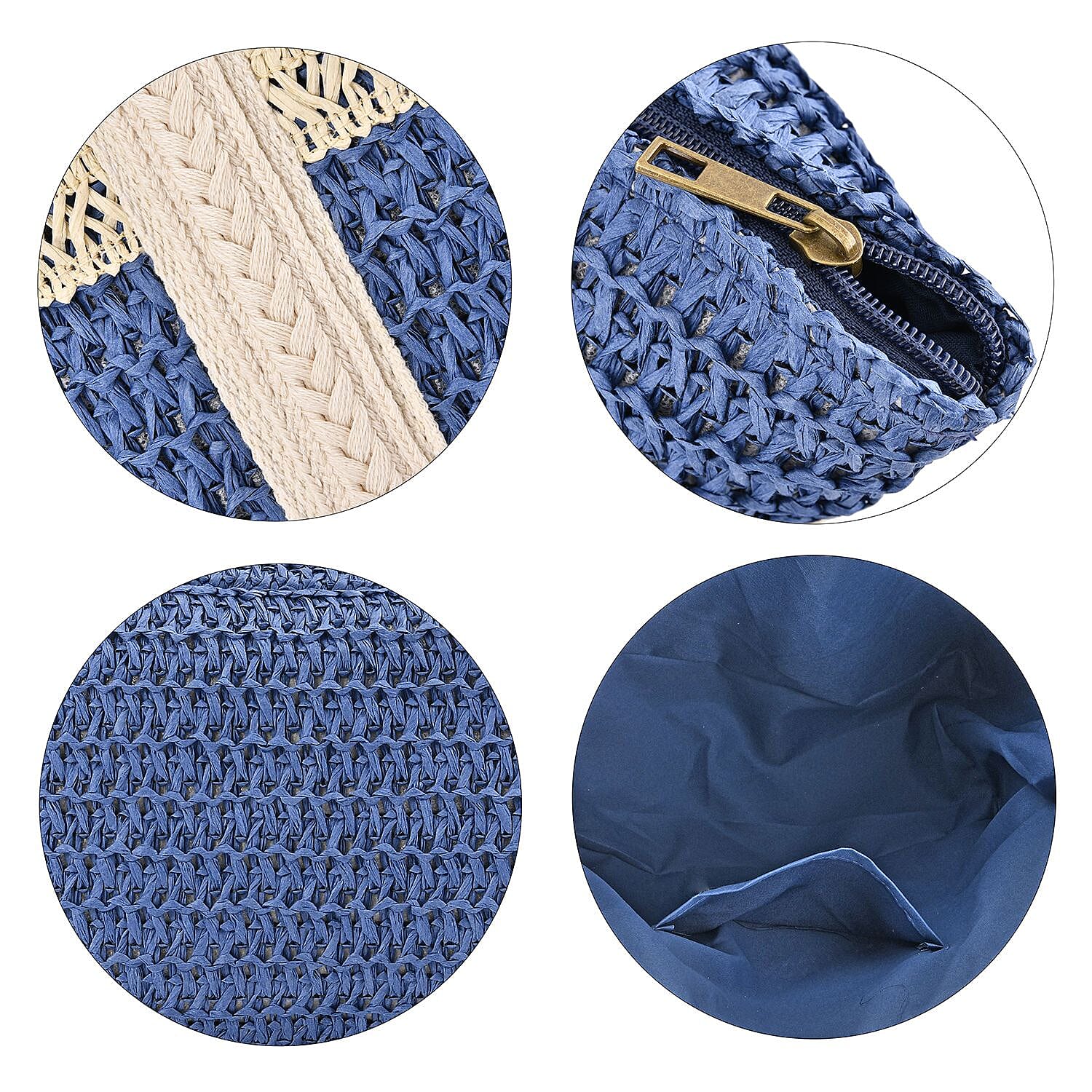 Paper Straw Stripe Patterned Tote Bag - Blue & Beige