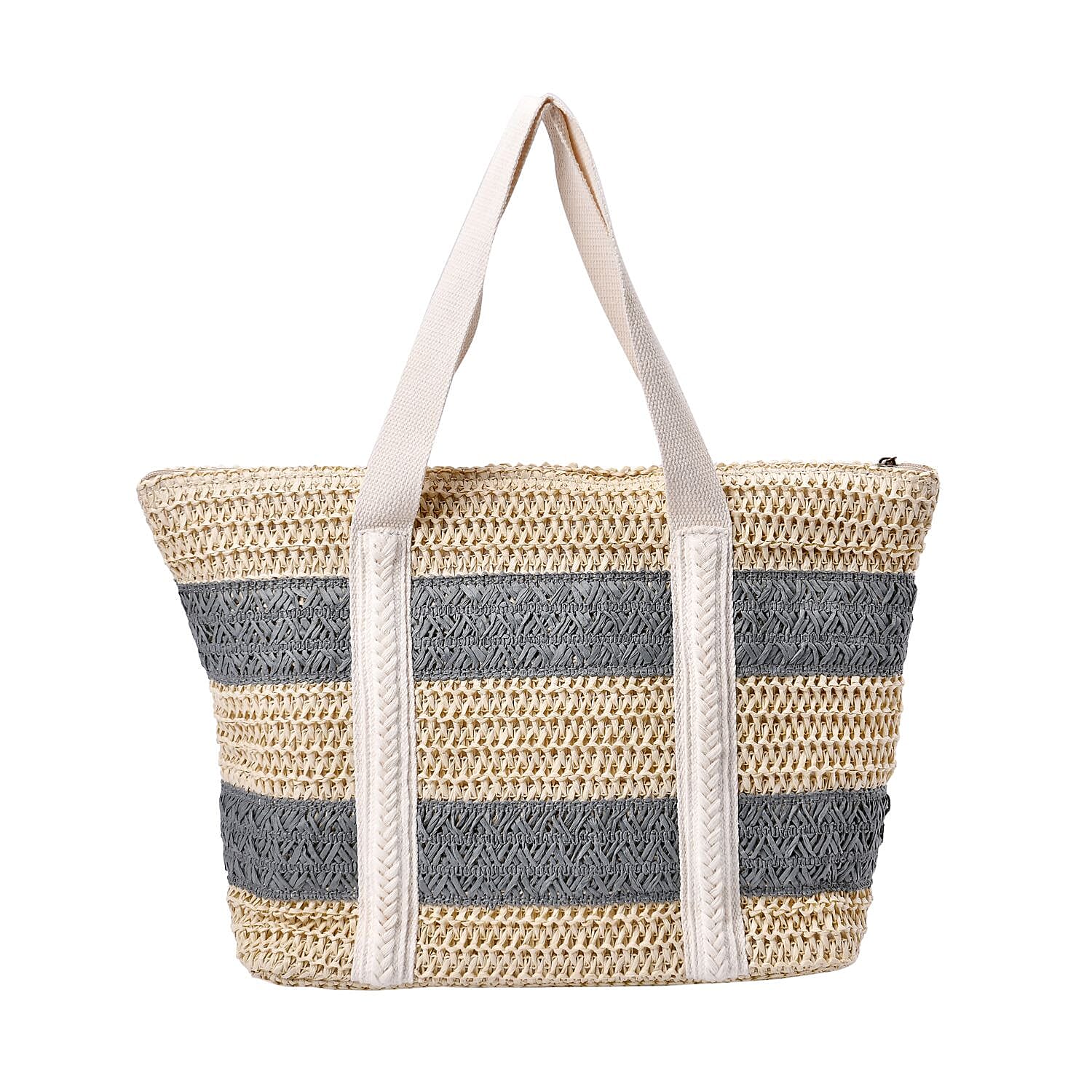 Paper Straw Stripe Patterned Tote Bag - Grey & Beige