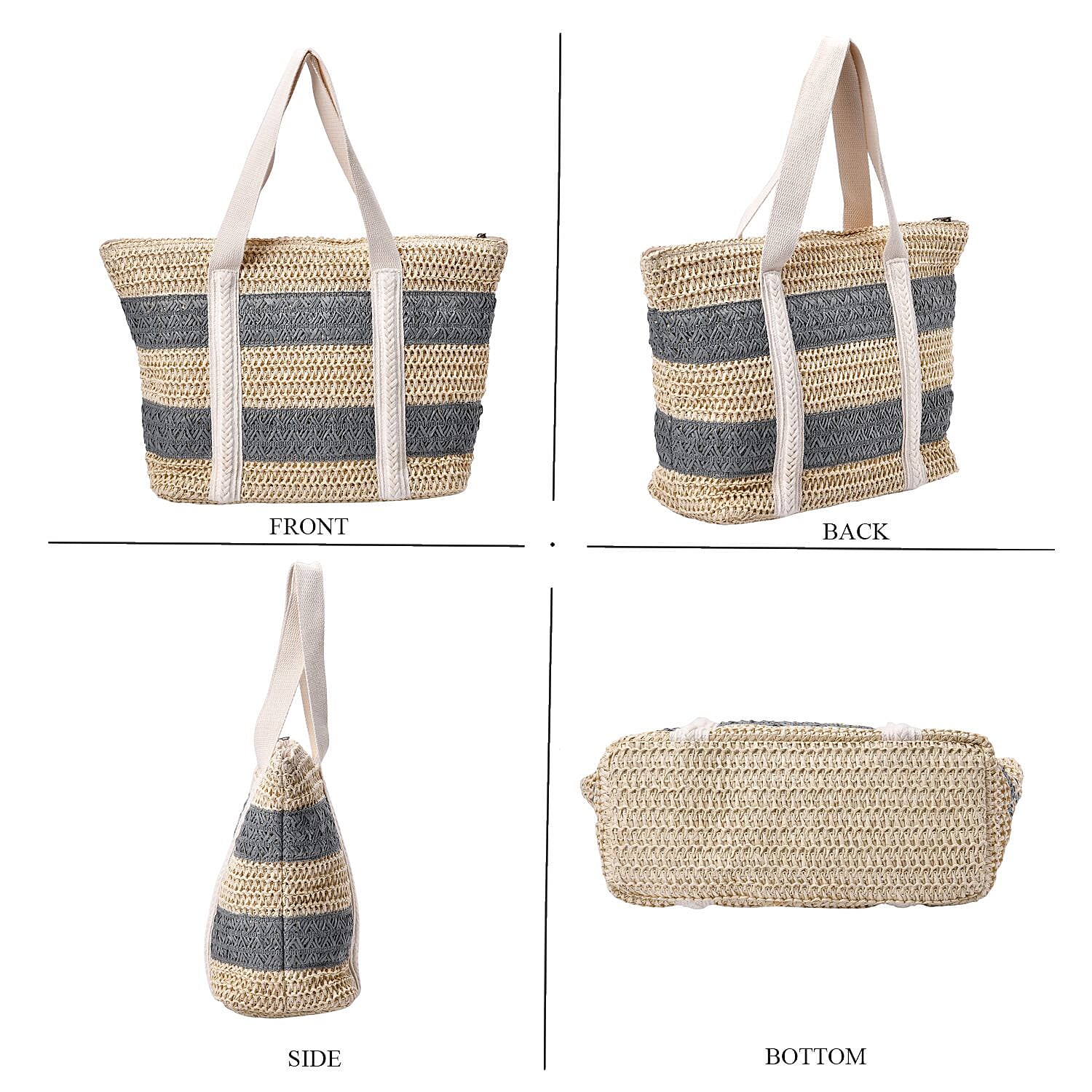 Paper Straw Stripe Patterned Tote Bag - Grey & Beige