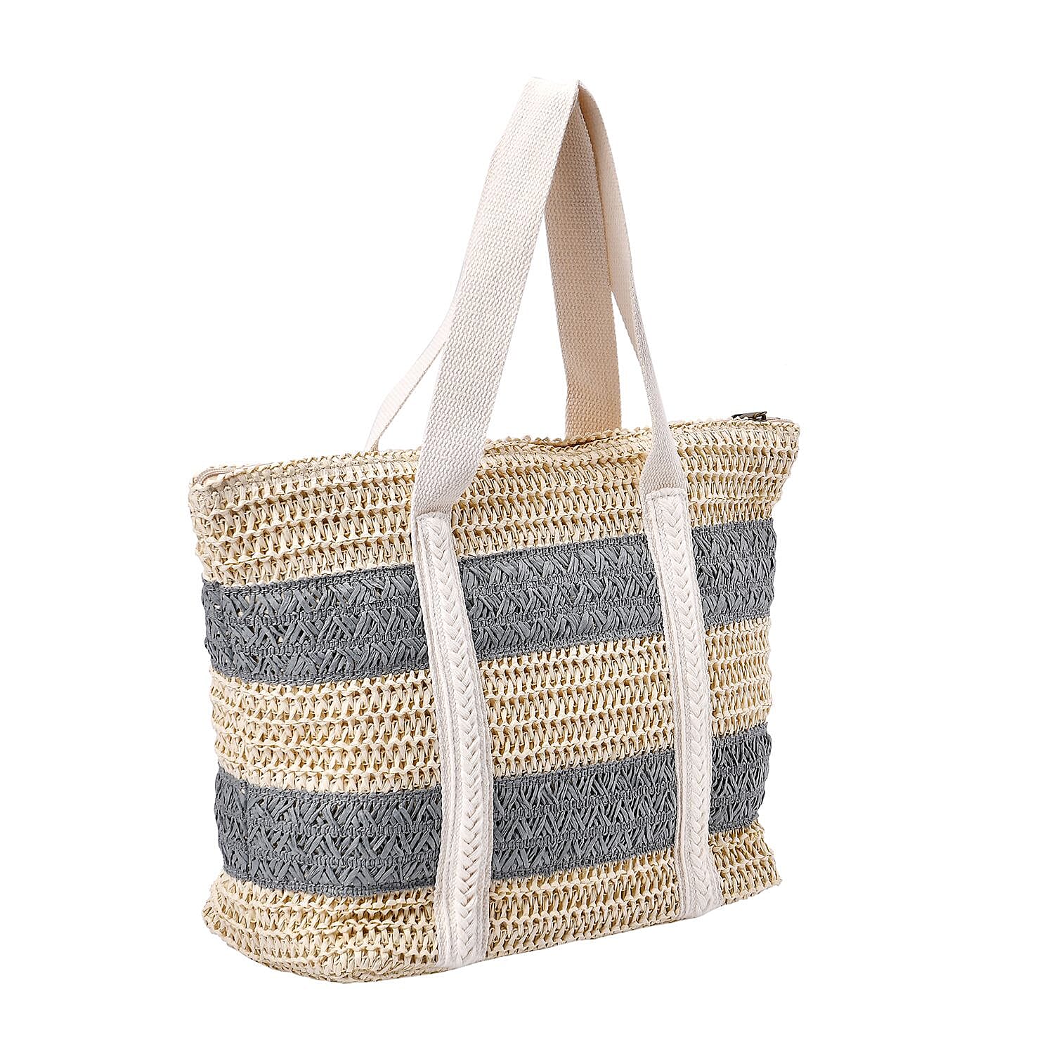 Paper Straw Stripe Patterned Tote Bag - Grey - Beige