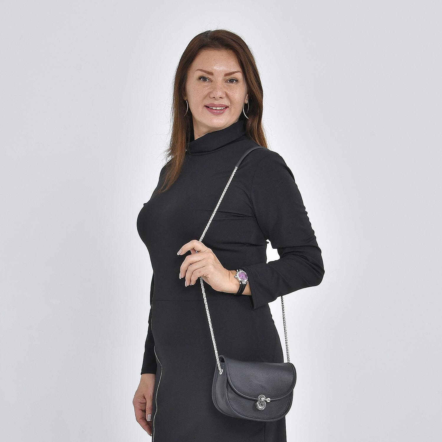 100% Genuine Leather Solid Crossbody Bag with Half Chain Strap - Green