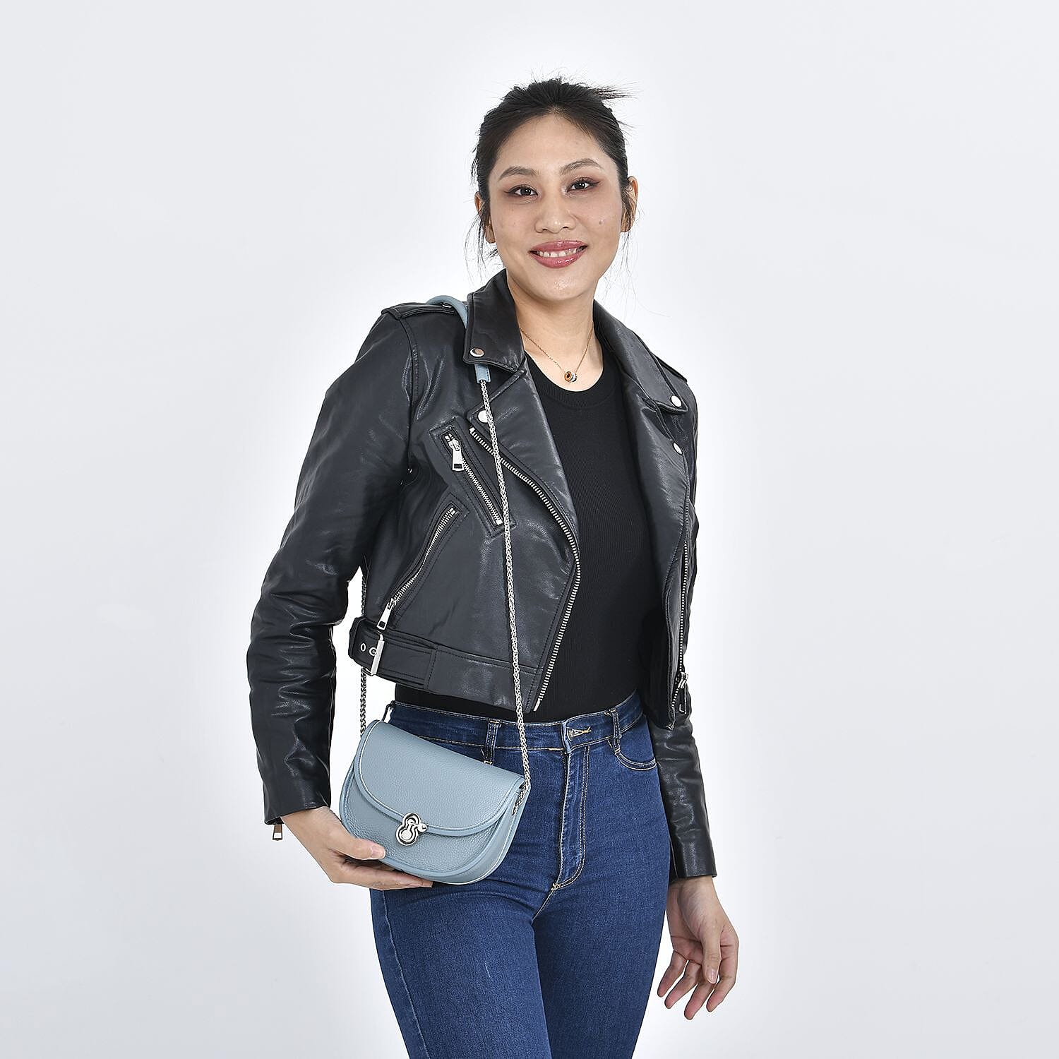 Designer Inspired 100% Genuine Leather Solid Crossbody Bag with Half Chain Strap - Pastel