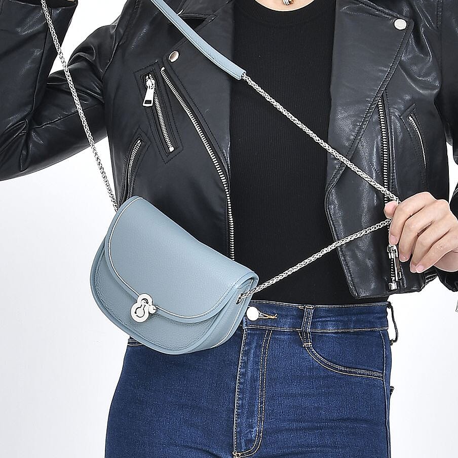 Designer Inspired 100% Genuine Leather Solid Crossbody Bag with Half Chain Strap - Pastel