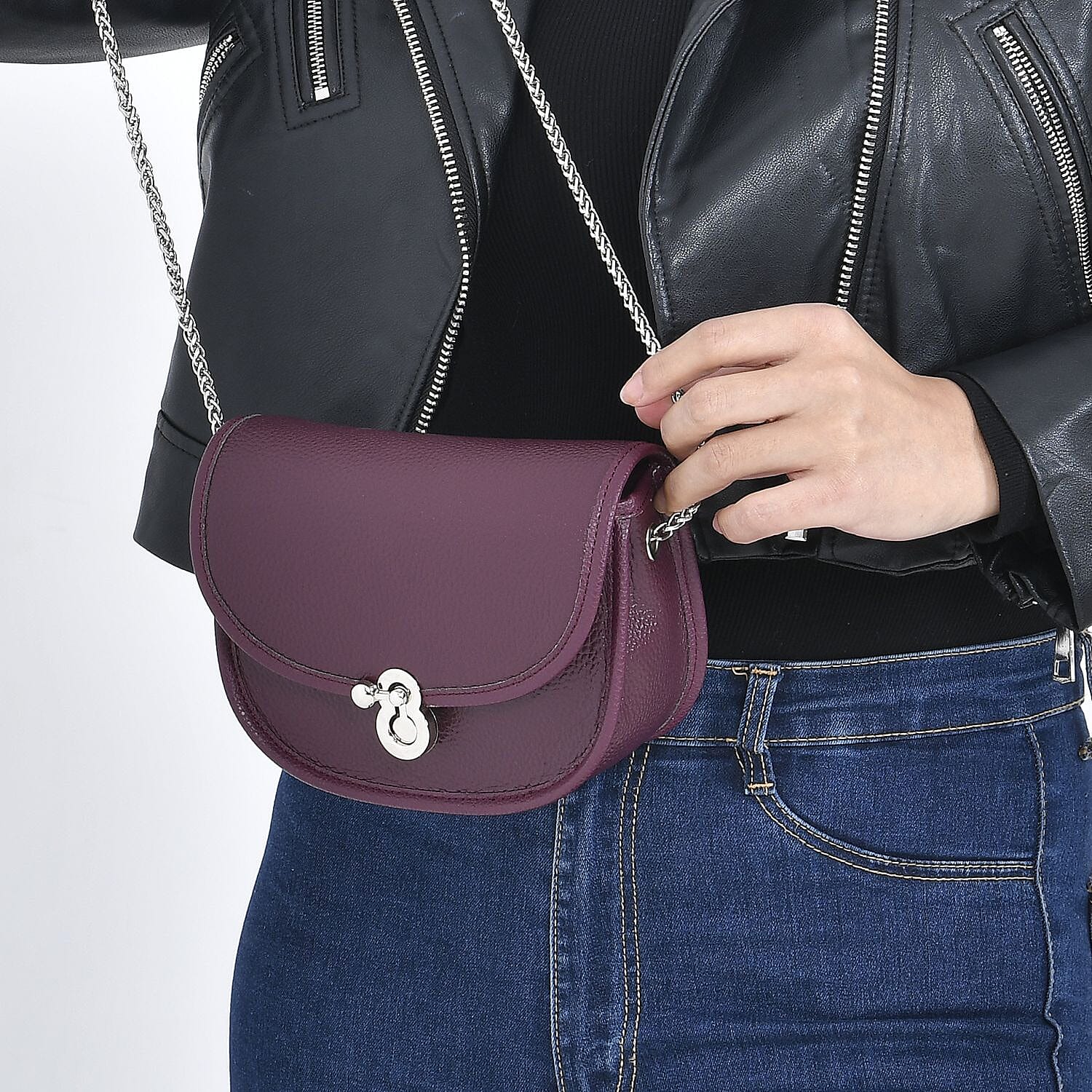 Designer Inspired 100% Genuine Leather Solid Crossbody Bag with Half Chain Strap - Purple