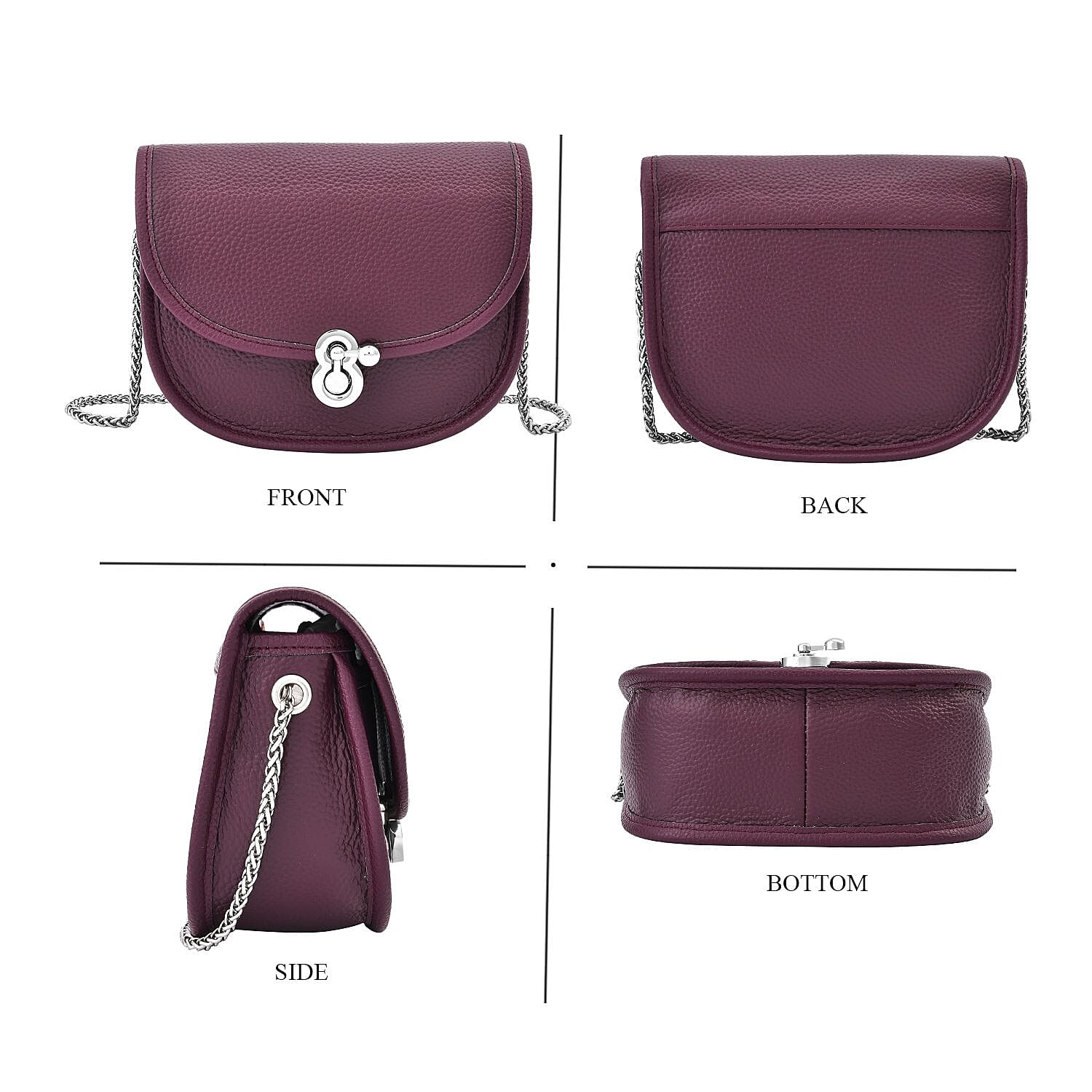 Designer Inspired 100% Genuine Leather Solid Crossbody Bag with Half Chain Strap - Purple