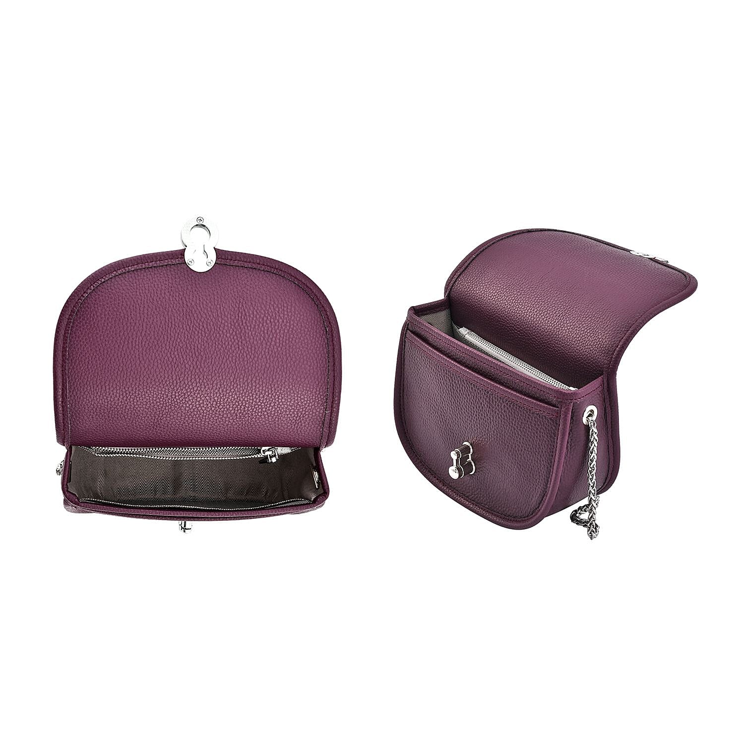 Designer Inspired 100% Genuine Leather Solid Crossbody Bag with Half Chain Strap - Purple