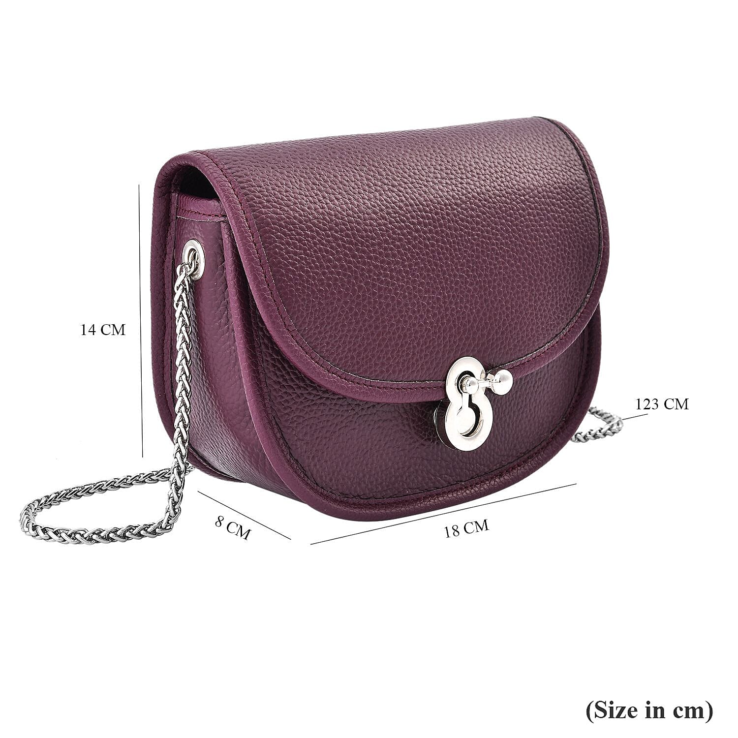Designer Inspired 100% Genuine Leather Solid Crossbody Bag with Half Chain Strap - Purple