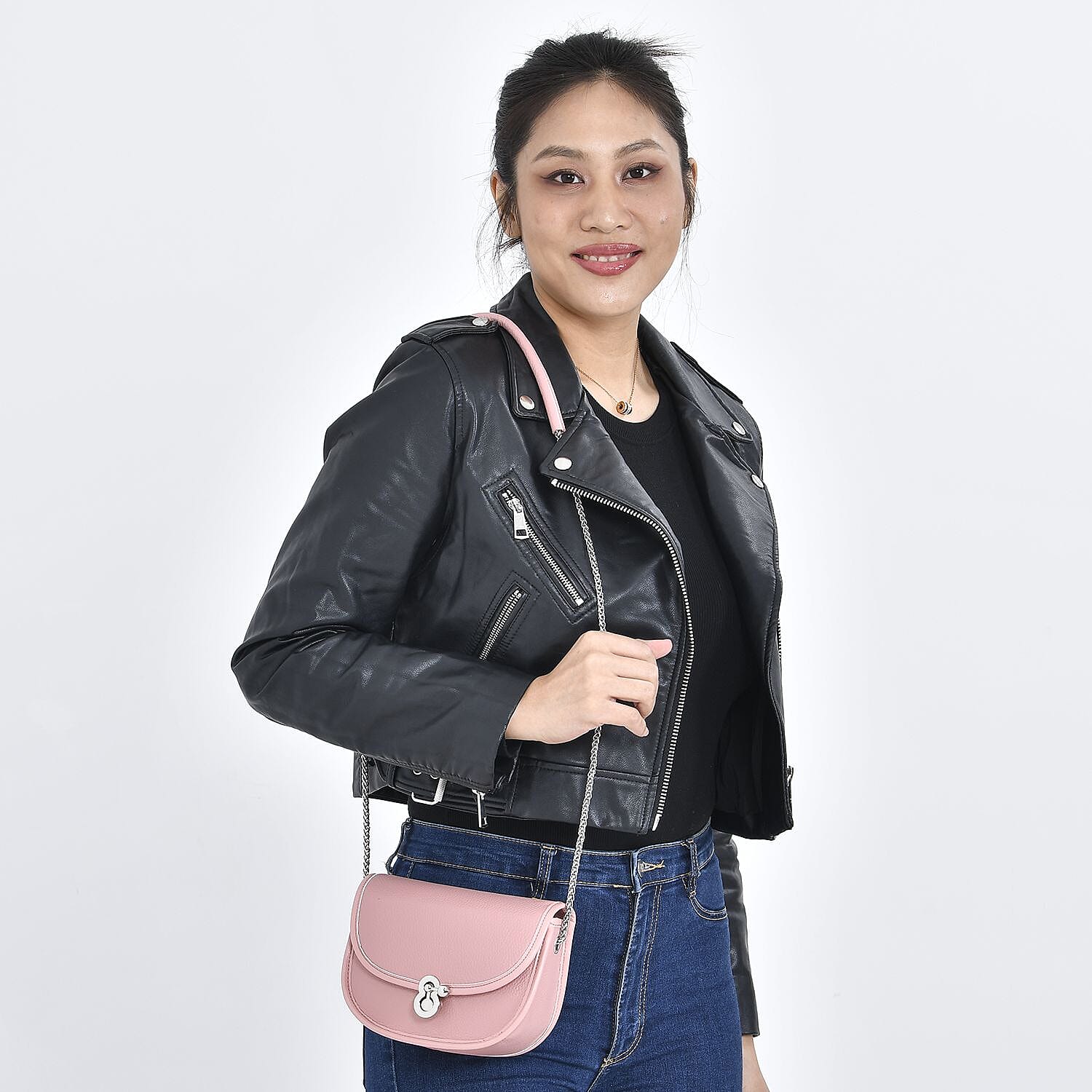 Designer Inspired 100% Genuine Leather Solid Crossbody Bag with Half Chain Strap -Pink