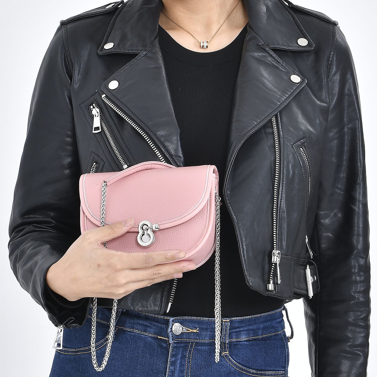 Designer Inspired 100% Genuine Leather Solid Crossbody Bag with Half Chain Strap -Pink