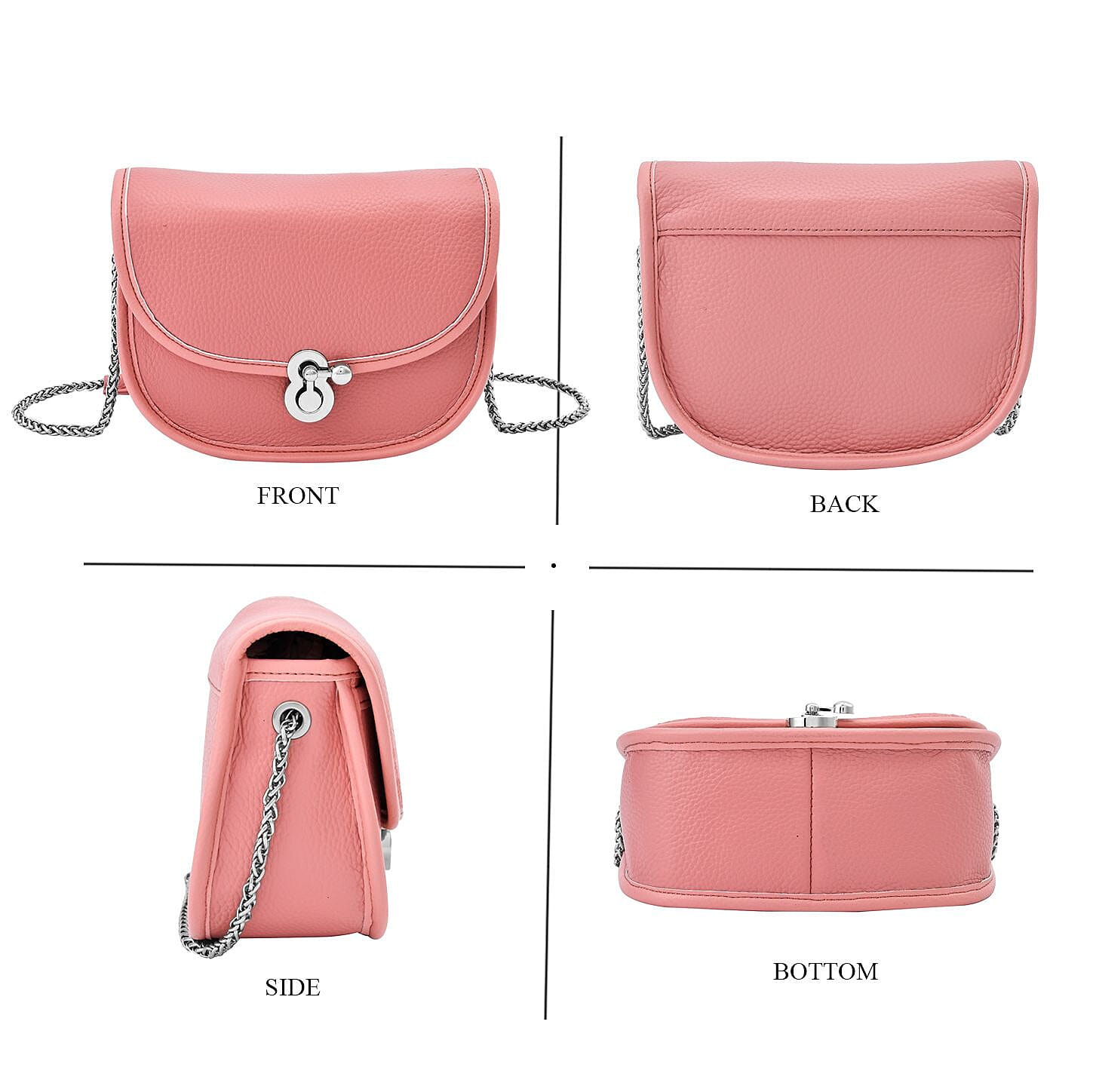 Designer Inspired 100% Genuine Leather Solid Crossbody Bag with Half Chain Strap -Pink