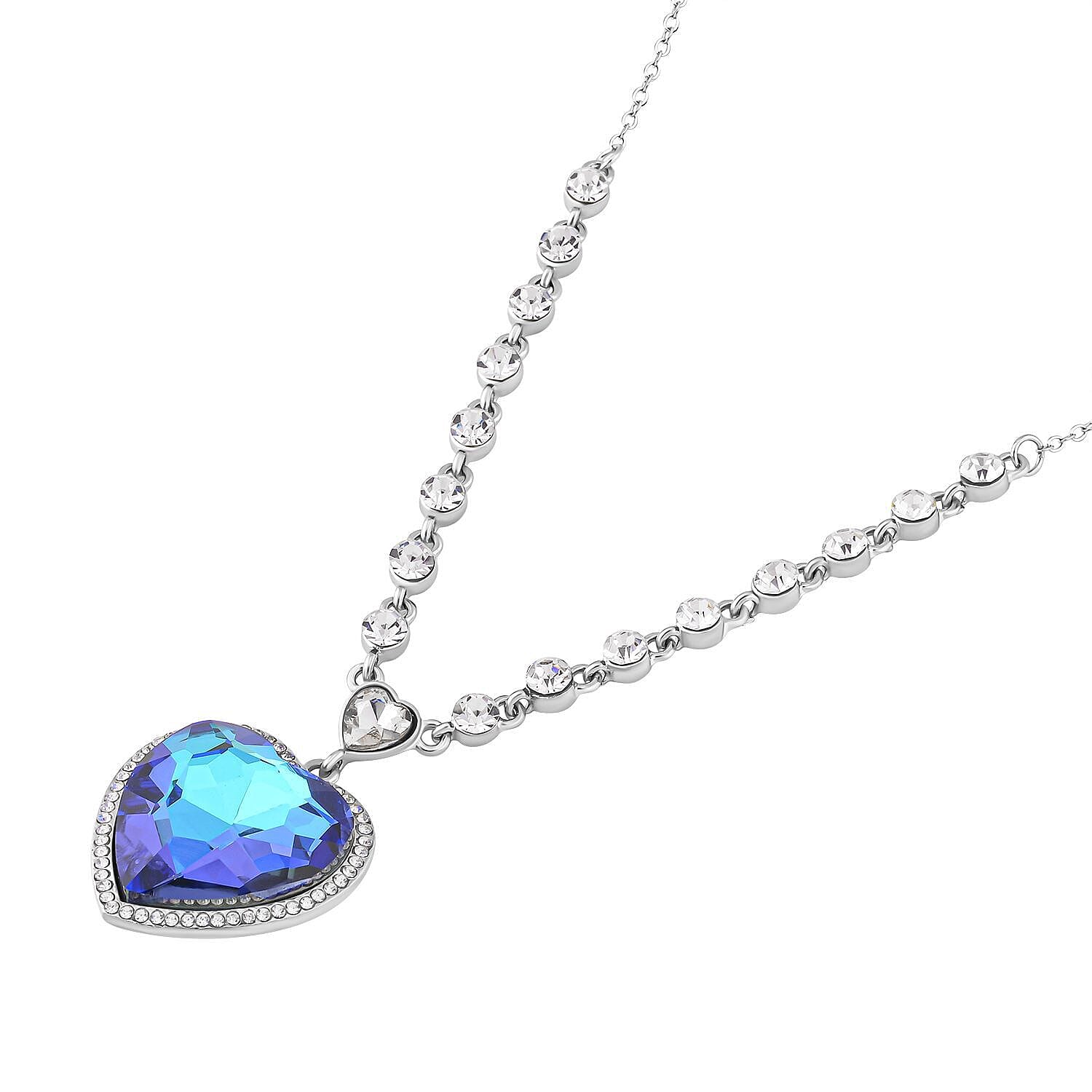 Simulated Blue Topaz and White Austrian Crystal Heart Necklace (Size - 20 - 2 Inch Ext.)