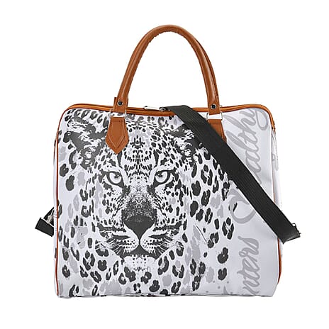 Leopard Pattern Tote Bag with Handle Drop & Detachable Shoulder Strap - White