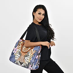 Leopard Head & Floral Pattern Tote Bag with Handle Drop & Detachable Shoulder Strap - Blue