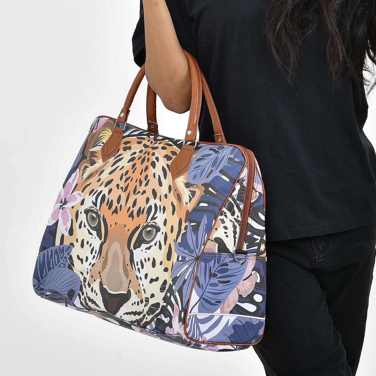 Leopard Head & Floral Pattern Tote Bag with Handle Drop & Detachable Shoulder Strap - Blue