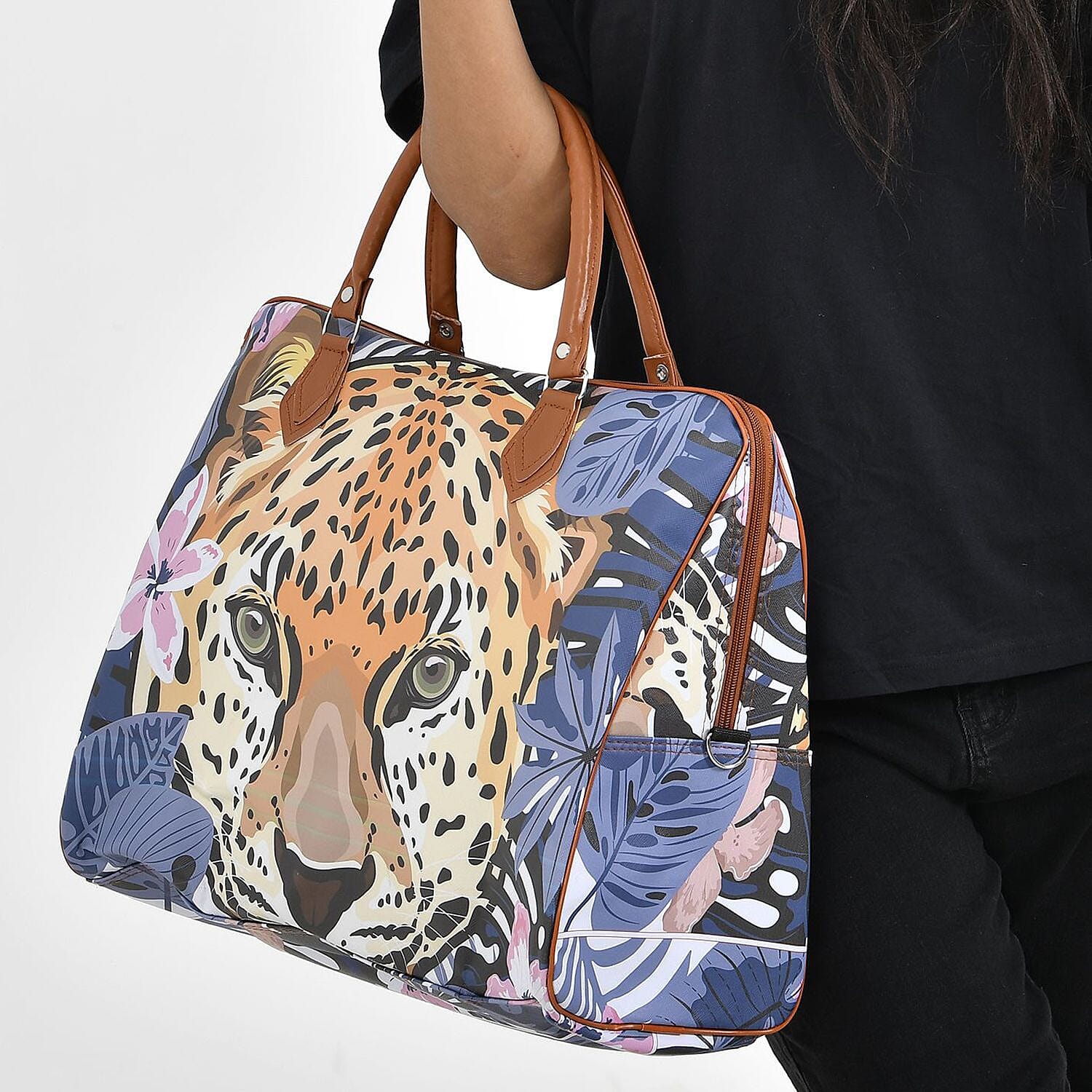 Leopard Head & Floral Pattern Tote Bag with Handle Drop & Detachable Shoulder Strap - Blue