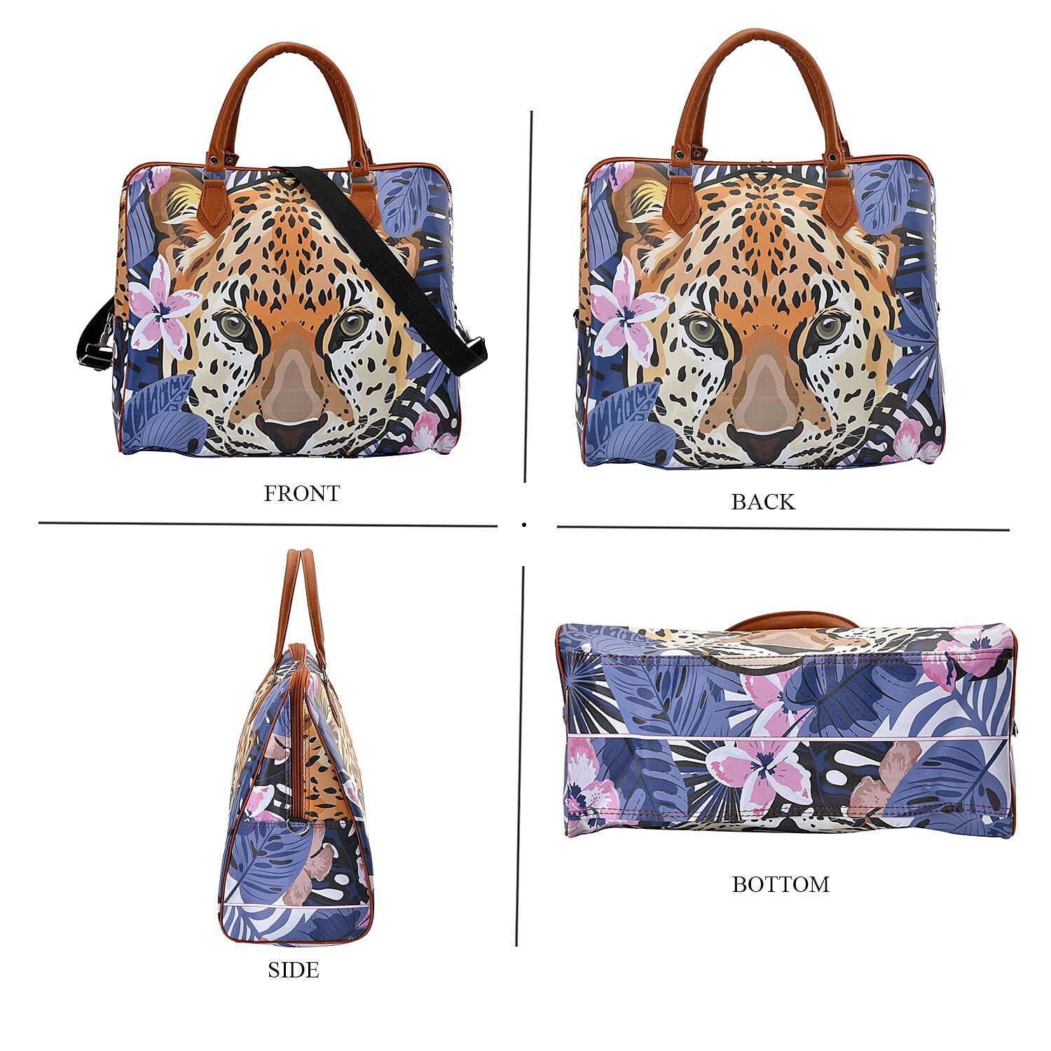 Leopard Head & Floral Pattern Tote Bag with Handle Drop & Detachable Shoulder Strap - Blue