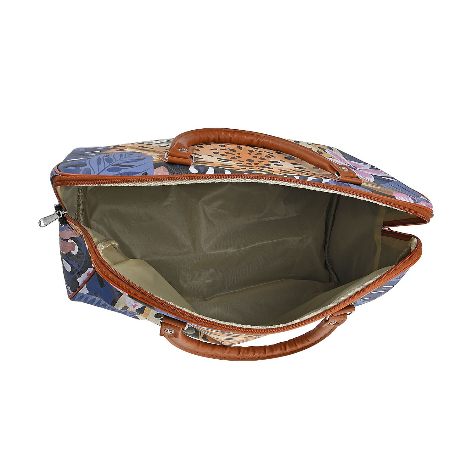 Leopard Head & Floral Pattern Tote Bag with Handle Drop & Detachable Shoulder Strap - Blue