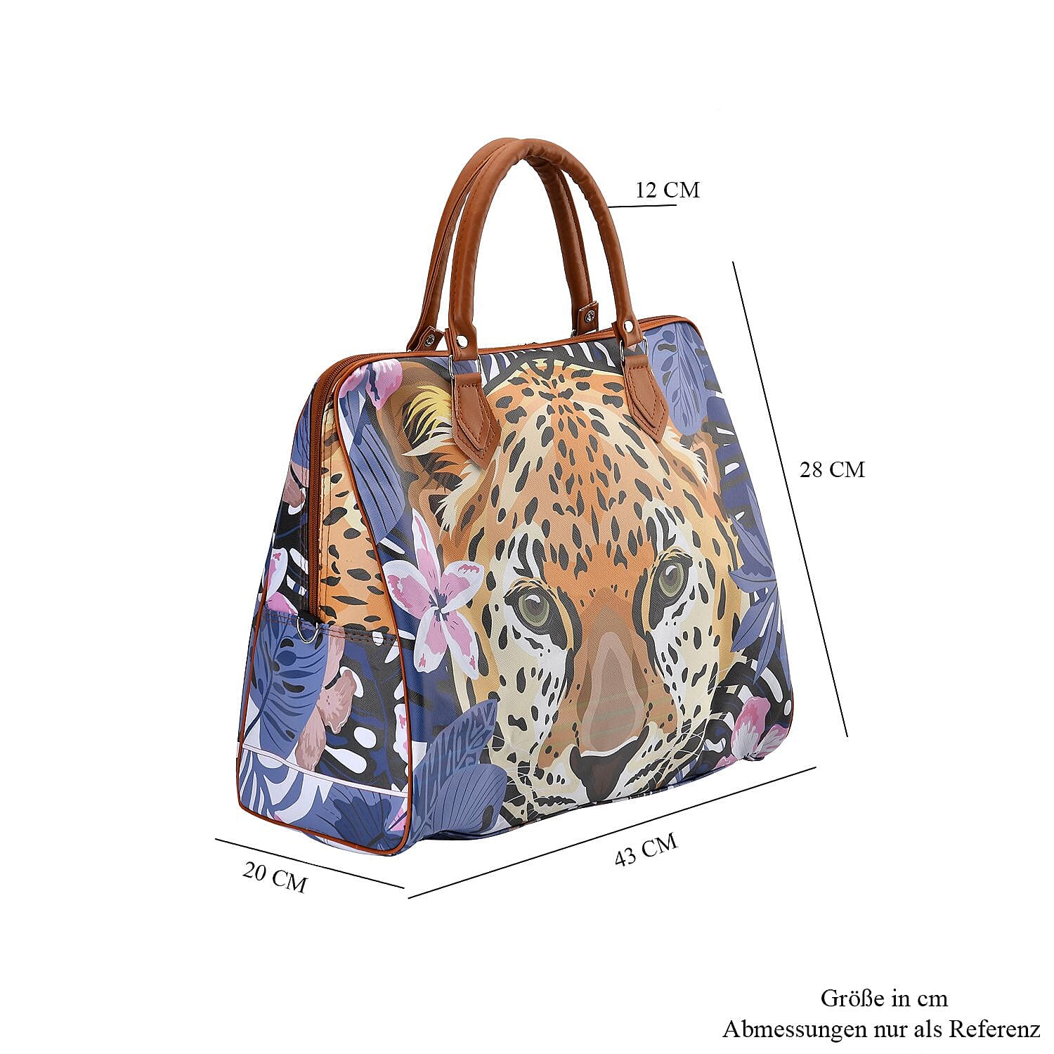 Leopard Head & Floral Pattern Tote Bag with Handle Drop & Detachable Shoulder Strap - Blue
