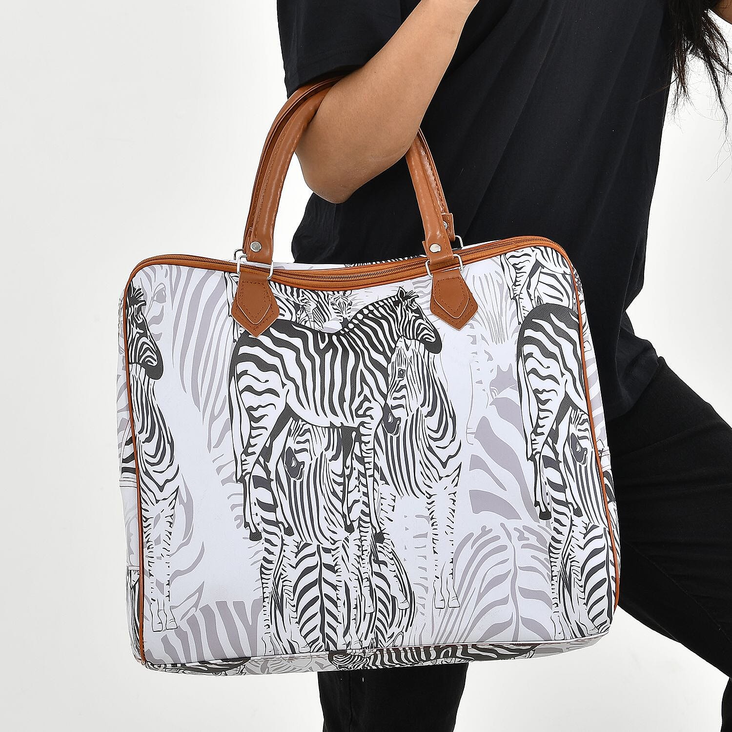 Zebra Pattern Tote Bag with Handle Drop & Detachable Shoulder Strap - Grey