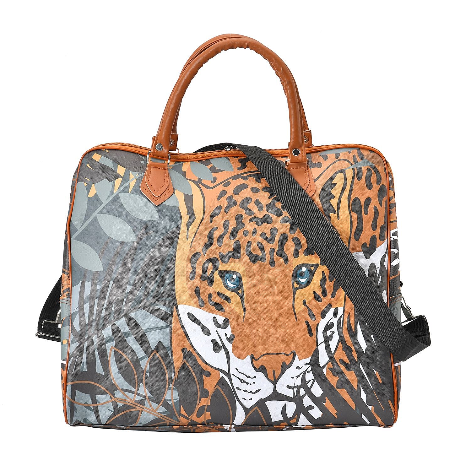 Tiger Head & Leaves Pattern Tote Bag with Handle Drop & Detachable Shoulder Strap - Brown
