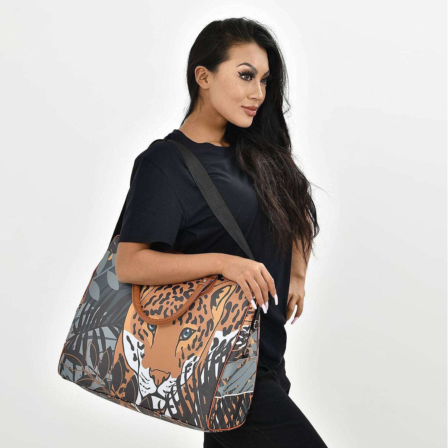 Tiger Head & Leaves Pattern Tote Bag with Handle Drop & Detachable Shoulder Strap - Brown