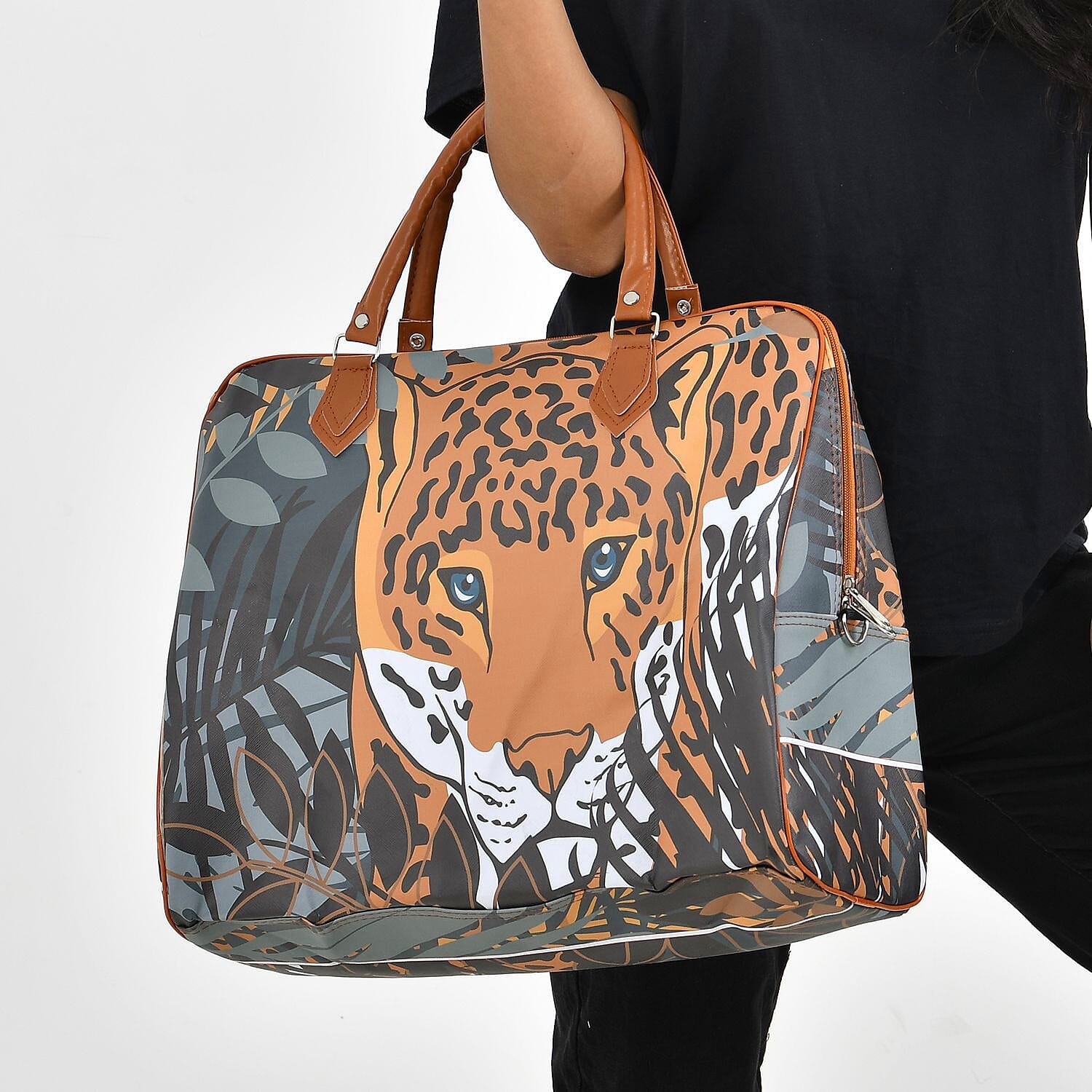 Tiger Head & Leaves Pattern Tote Bag with Handle Drop & Detachable Shoulder Strap - Brown