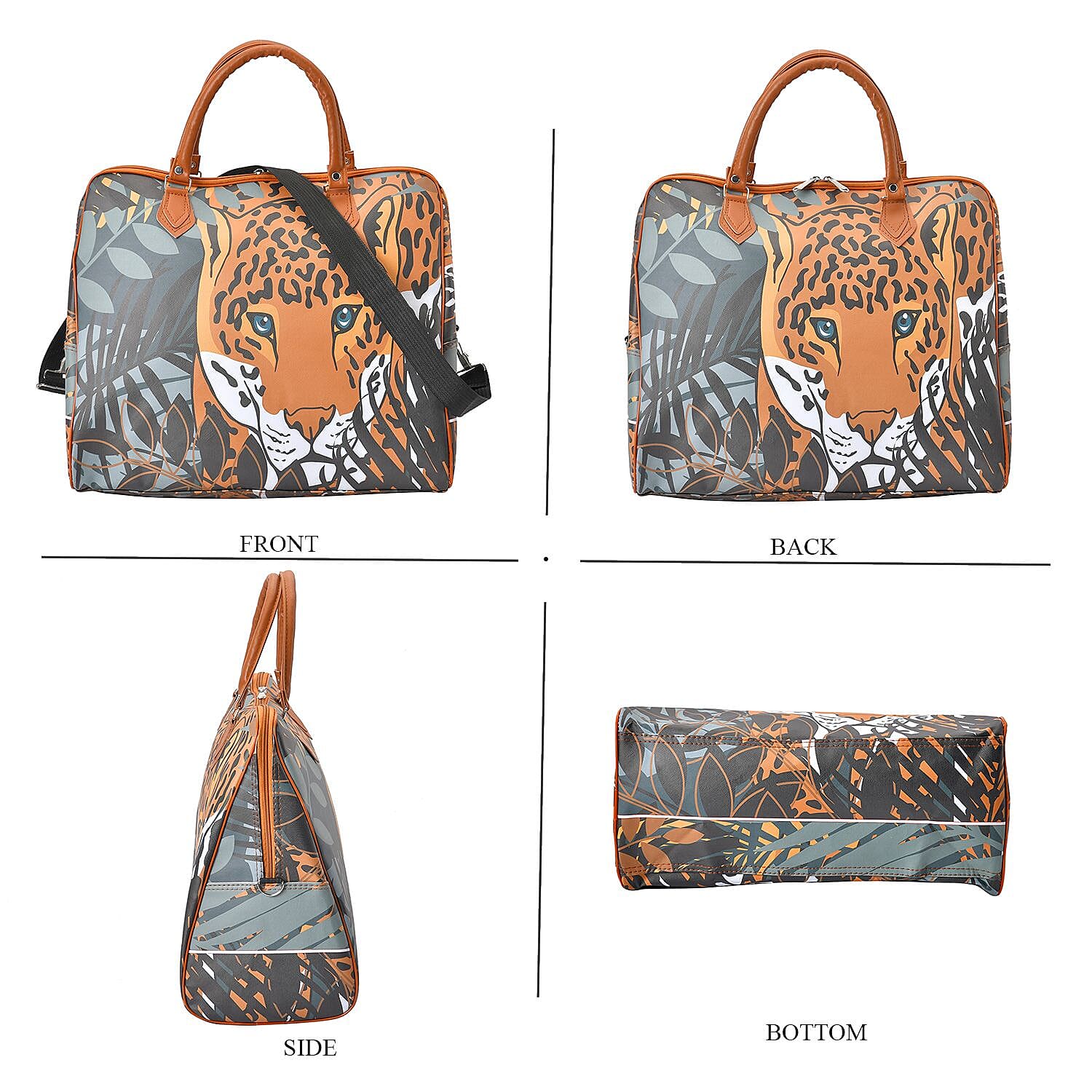 Tiger Head & Leaves Pattern Tote Bag with Handle Drop & Detachable Shoulder Strap - Brown