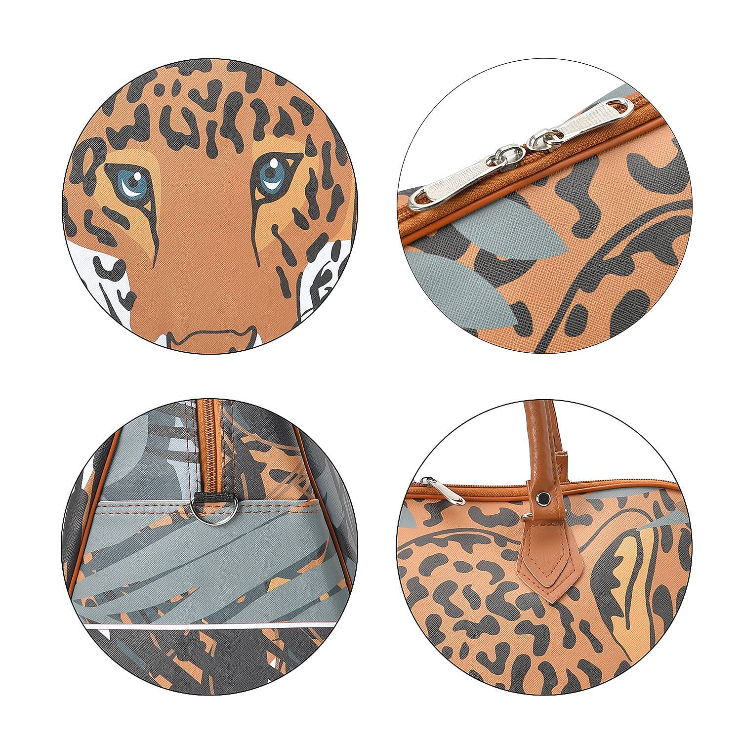 Tiger Head & Leaves Pattern Tote Bag with Handle Drop & Detachable Shoulder Strap - Brown