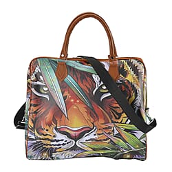 Leopard Head & Leaves Pattern Tote Bag with Handle Drop & Detachable Shoulder Strap - Brown