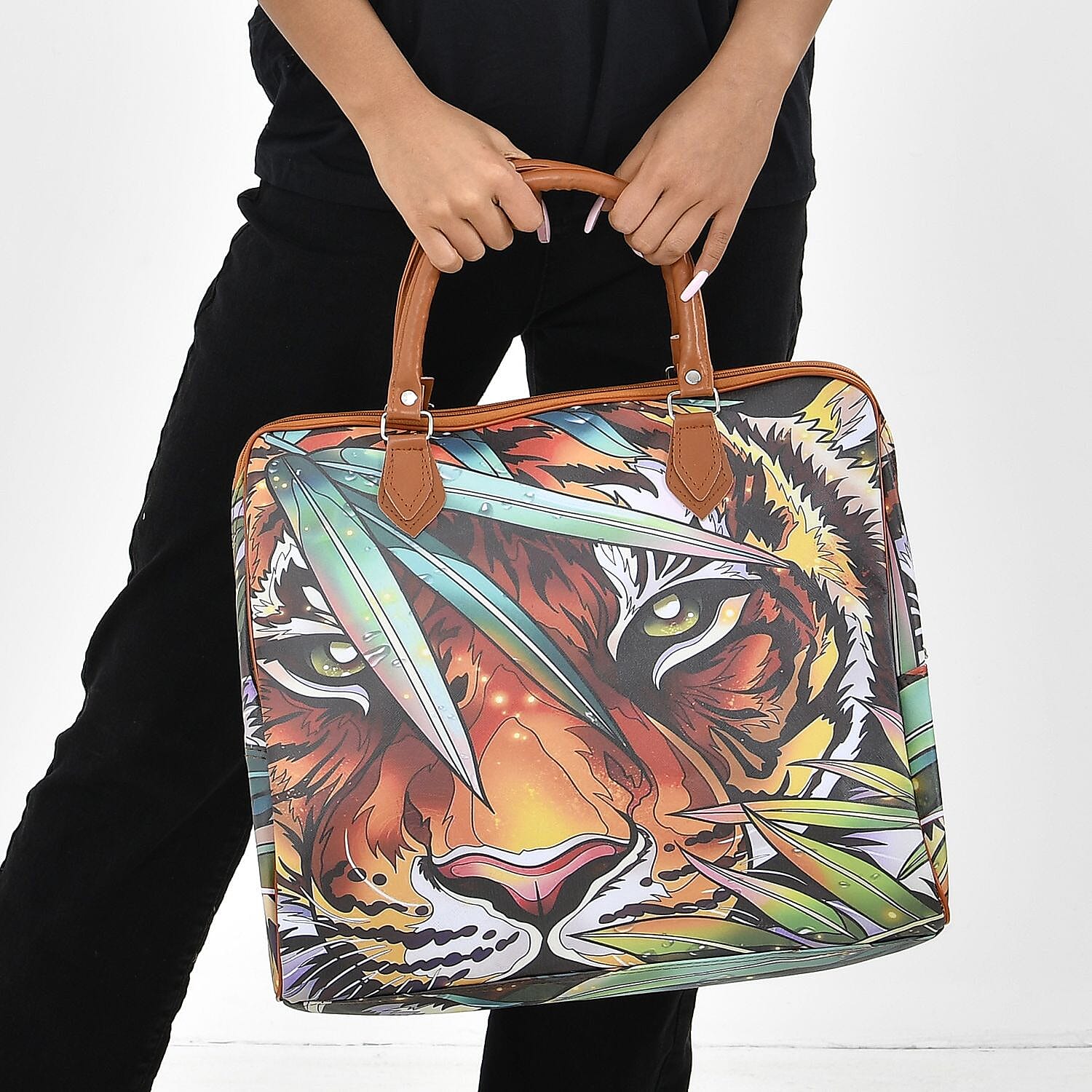 Tiger Head & Leaves Pattern Tote Bag with Handle Drop & Detachable Shoulder Strap - Brown
