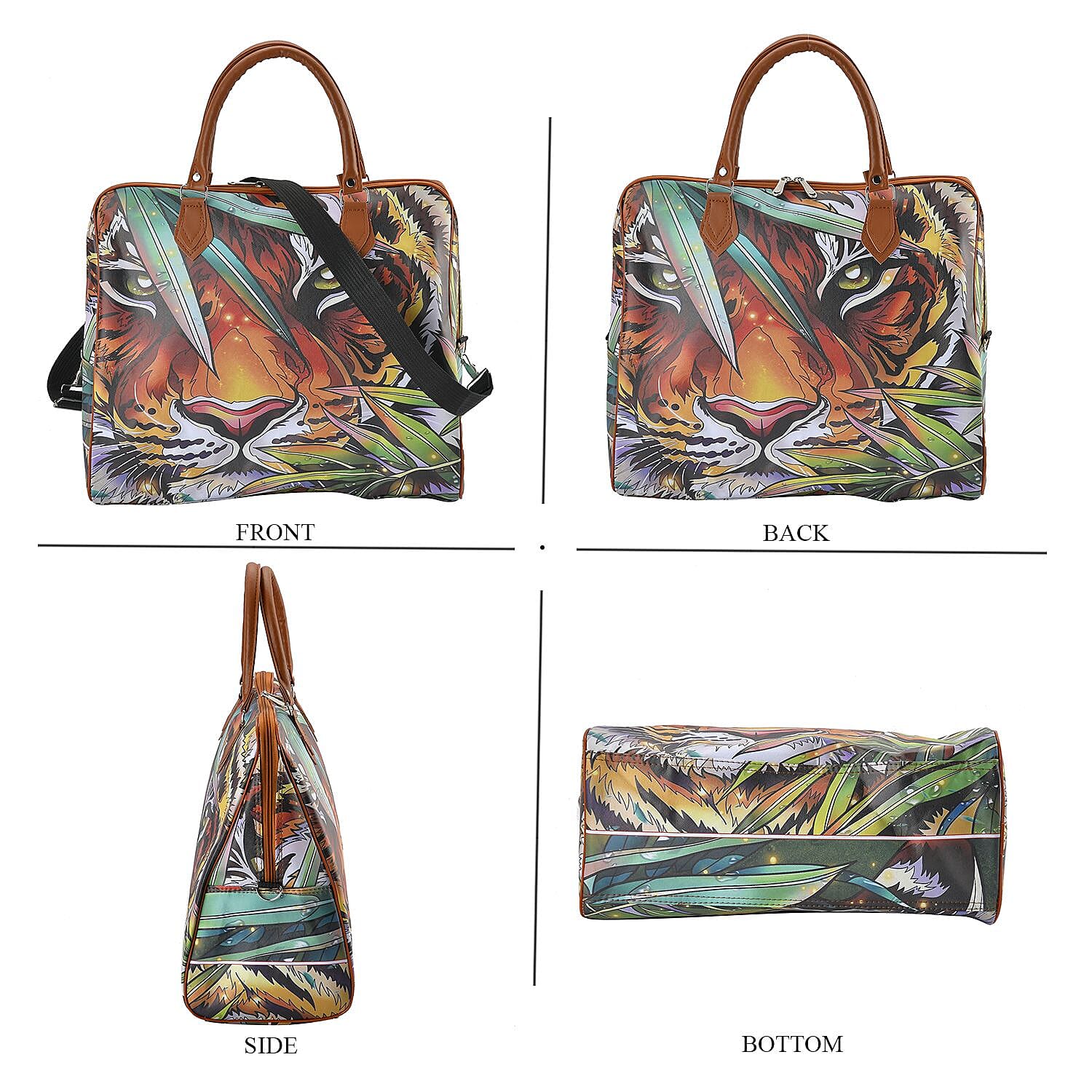 Tiger Head & Leaves Pattern Tote Bag with Handle Drop & Detachable Shoulder Strap - Brown