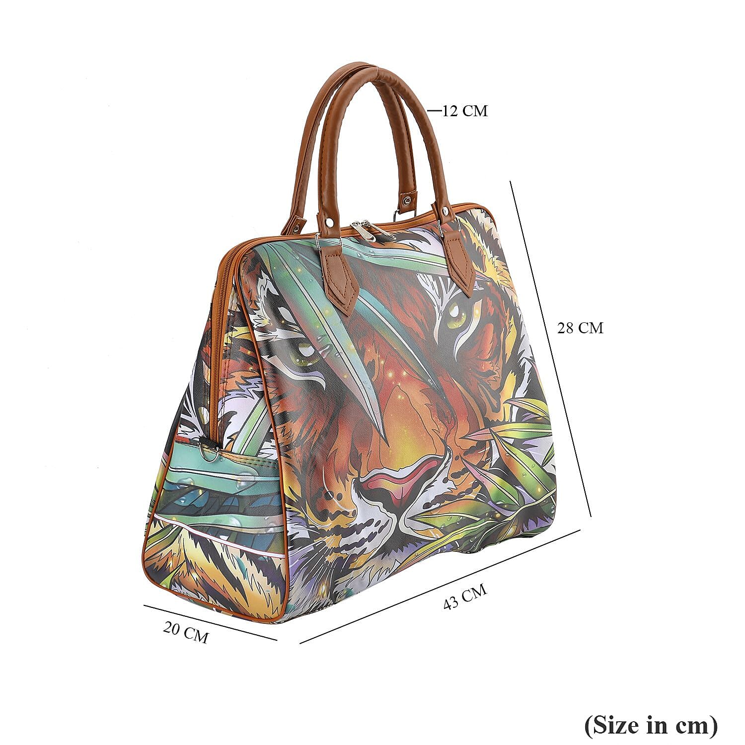 Tiger Head & Leaves Pattern Tote Bag with Handle Drop & Detachable Shoulder Strap - Brown