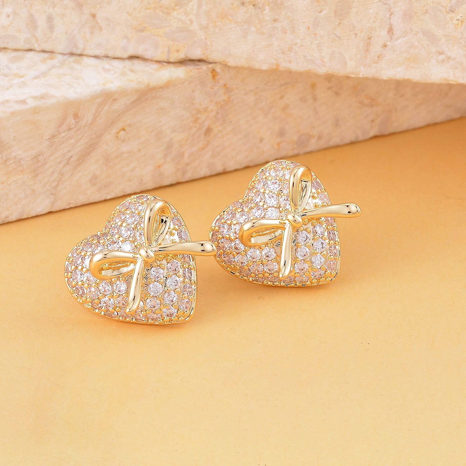 Simulated Diamond Heart Earrings with Push Back in Yellow Gold Tone