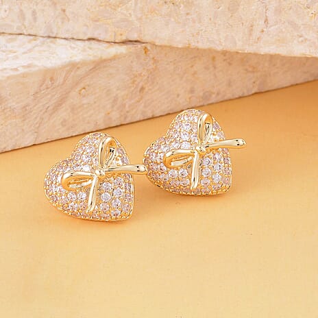 Simulated Diamond Heart Earrings with Push Back in Yellow Gold Tone