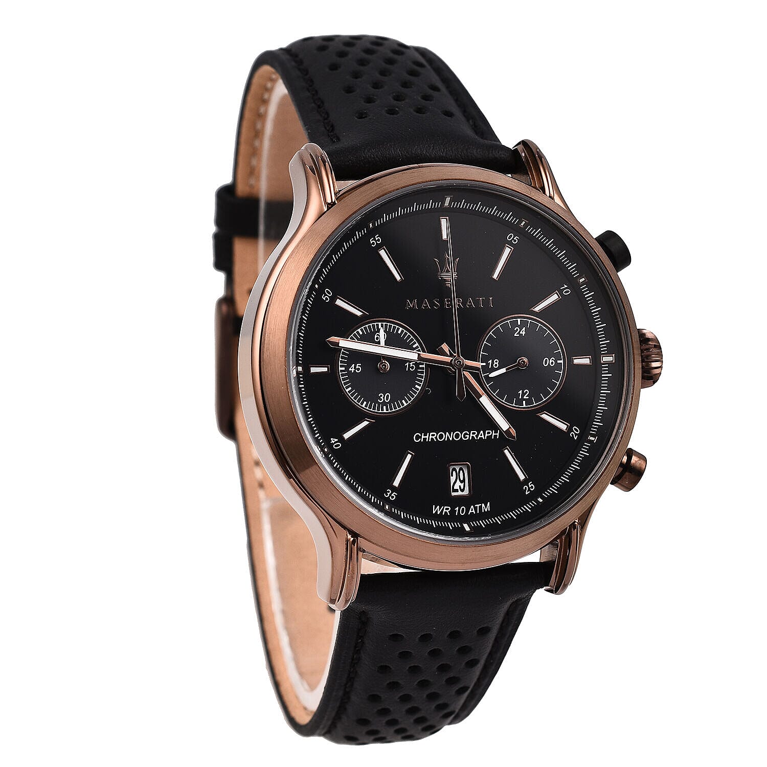 Closeout Deal- Maserati Legend Collection Watch with Chronograph, 10 ATM Water Resistance with Black Strap - Black Dial