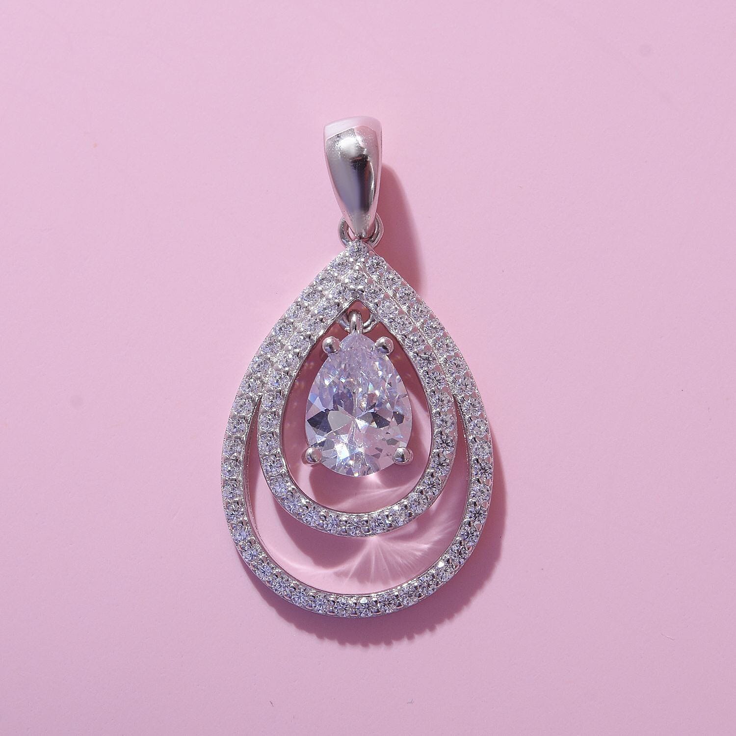 Bangkok Closeout Deal -Simulated Diamond Pendant in Rhodium Overlay Sterling Silver