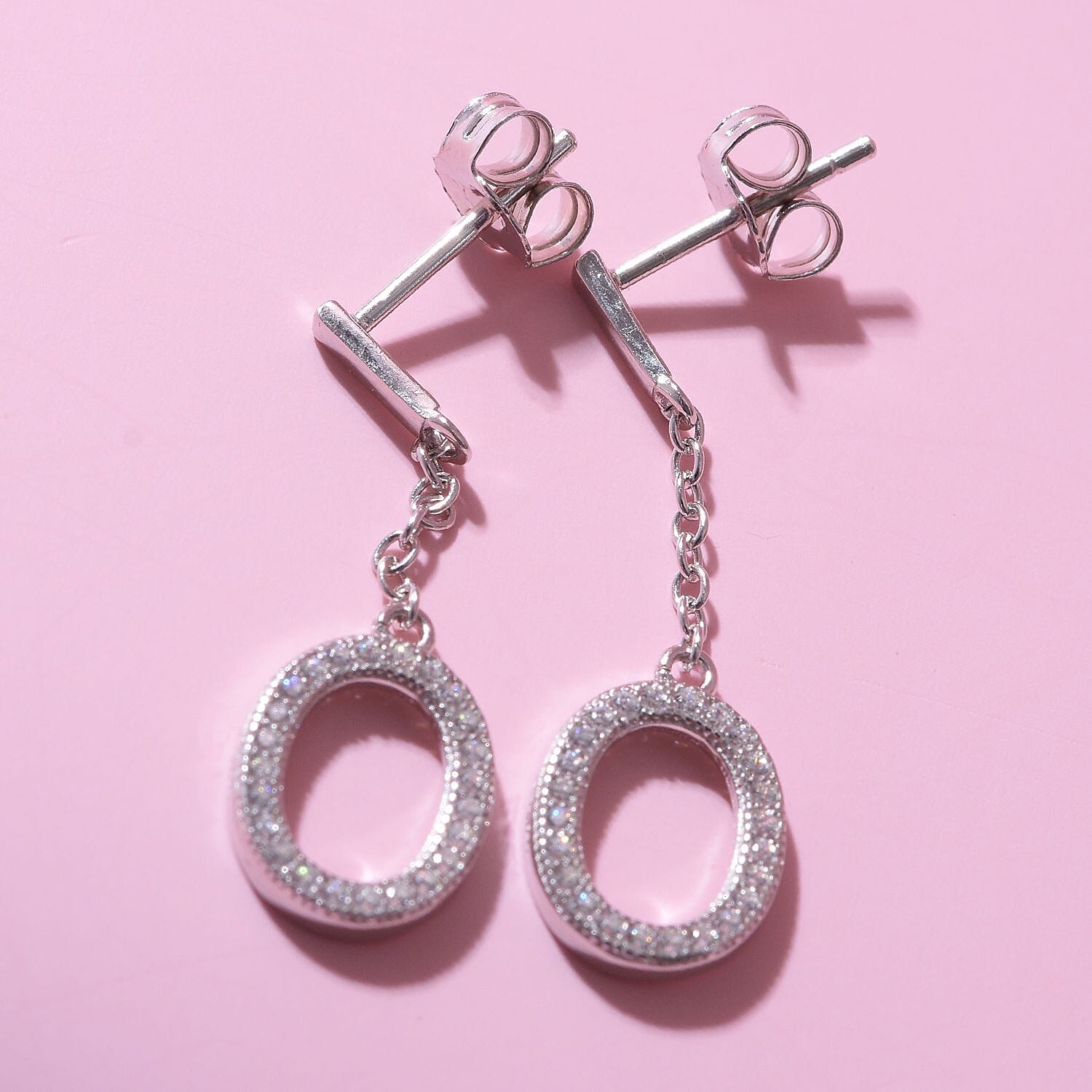 NY Close Out- CZ Circle Drop Earrings in Rhodium Overlay Sterling Silver