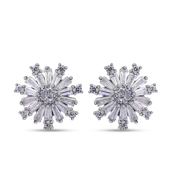 Simulated Diamond Floral Stud Earrings With Push Back in Sterling