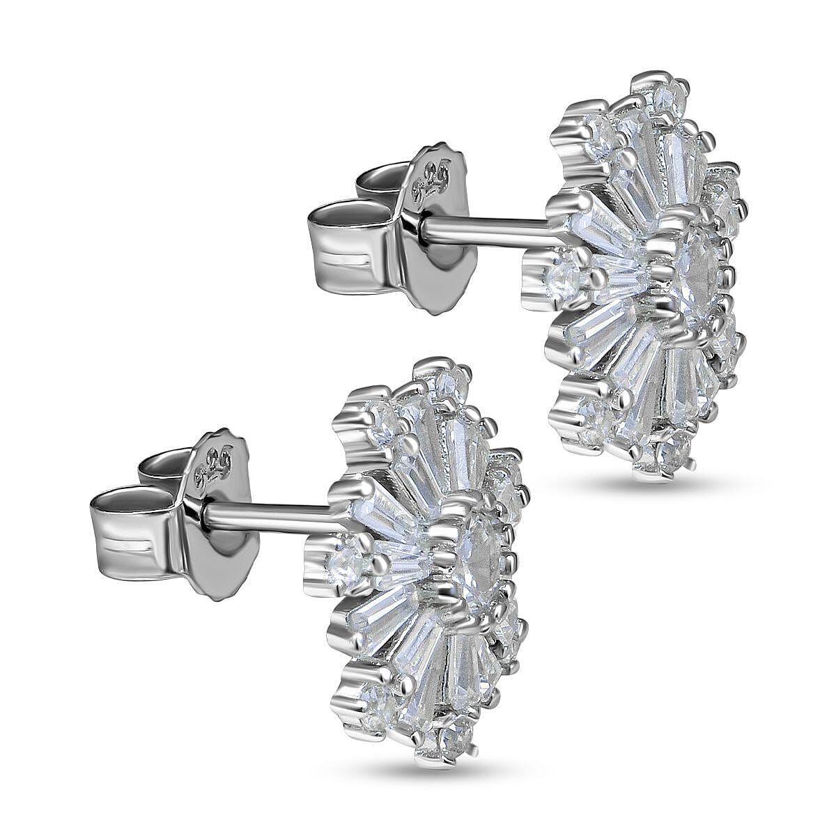 NY Close Out - Simulated Diamond Starburst Earrings (with Push Back) in Sterling Silver.