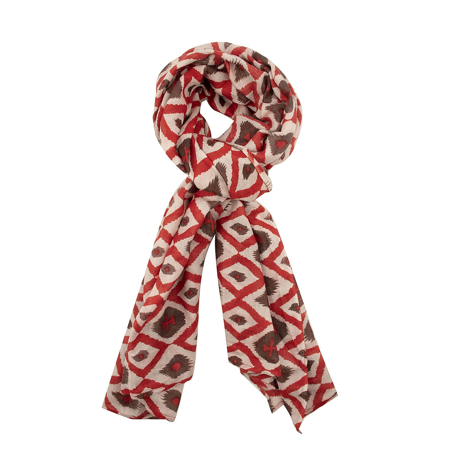 Tamsy Cotton and Printed Scarf (Size 180x100 cm) - Red & Brown