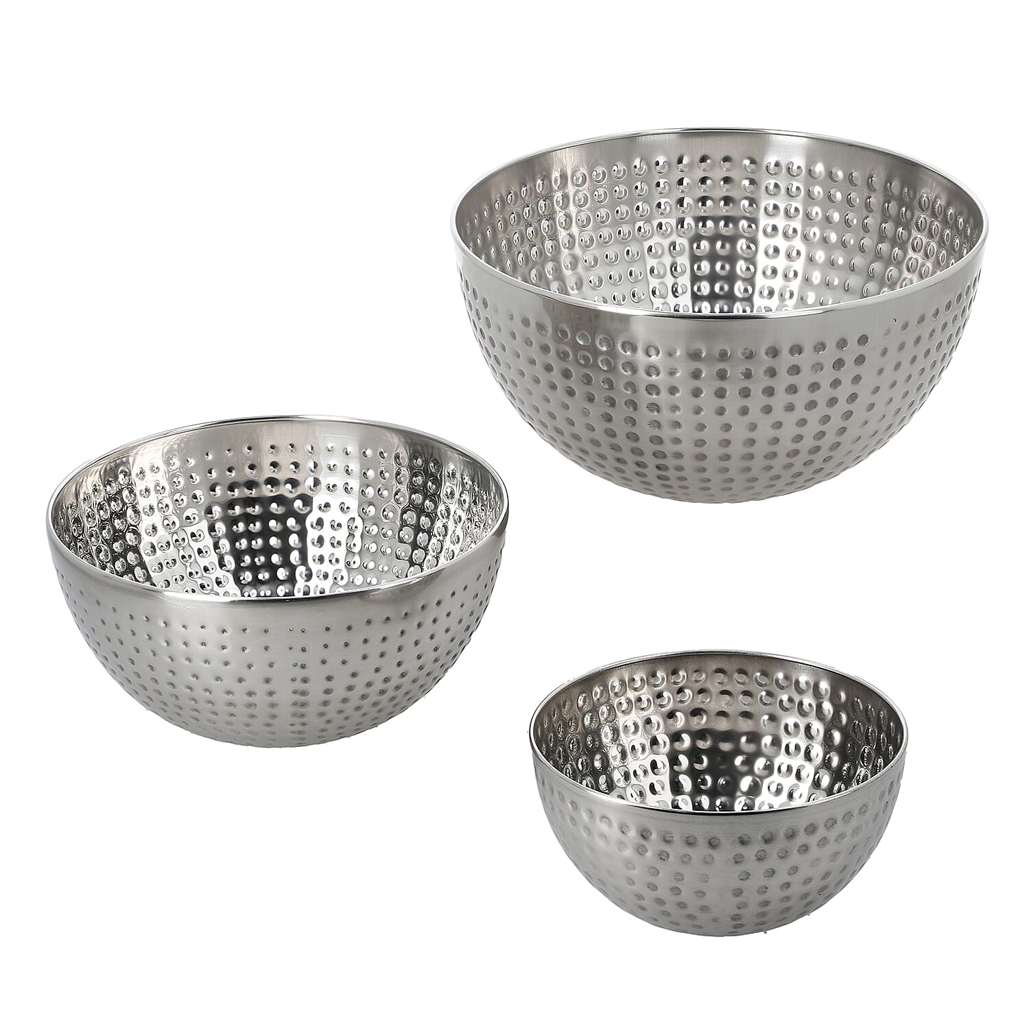 Set of 3 - Stainless Steel Bowl Set with Hammering - Silver