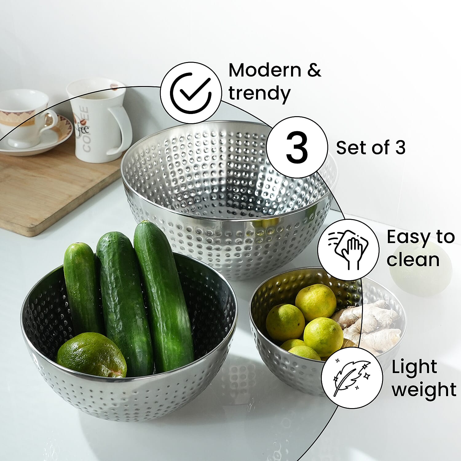 Set of 3 - Stainless Steel Bowl Set with Hammering - Silver