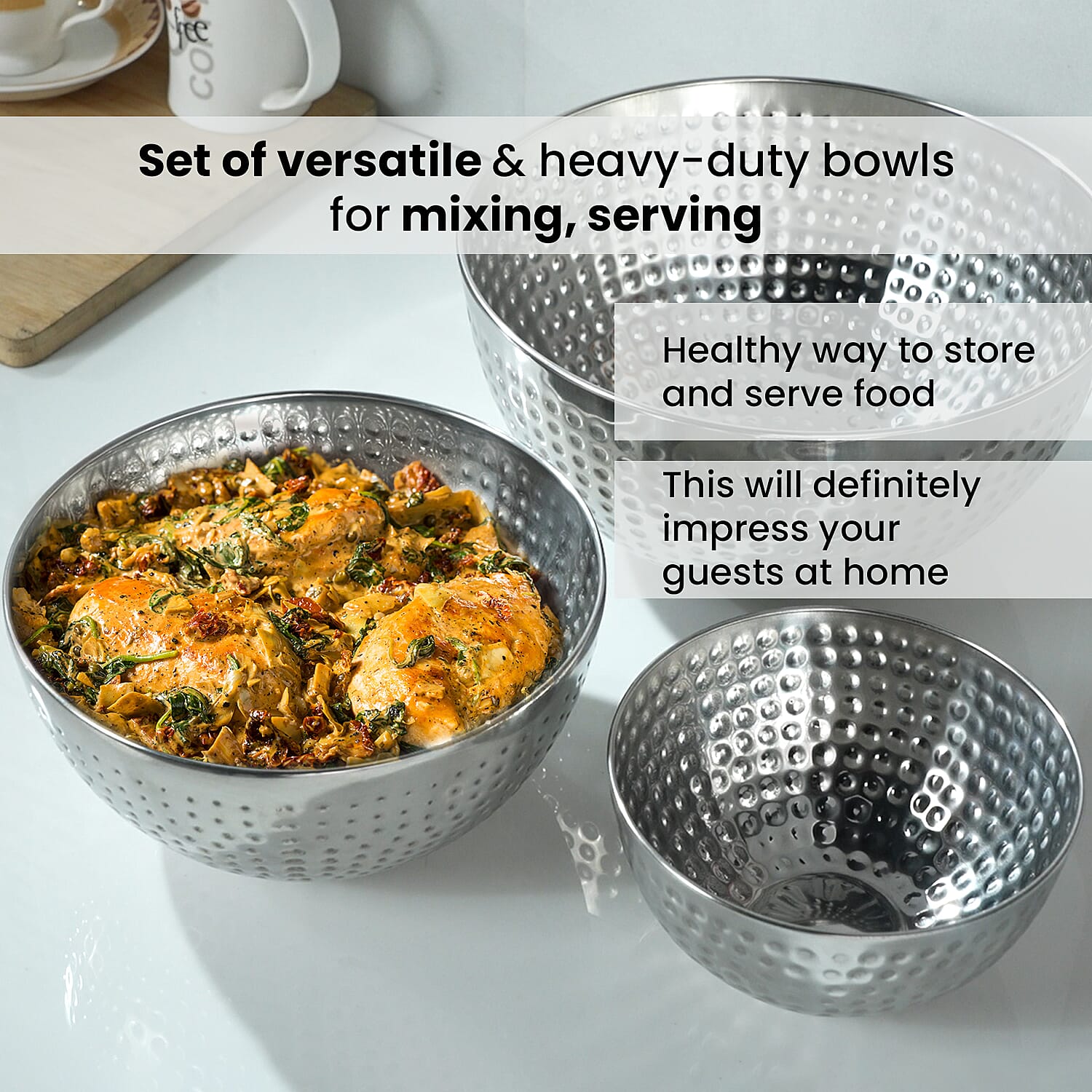 Set of 3 - Stainless Steel Bowl Set with Hammering - Silver