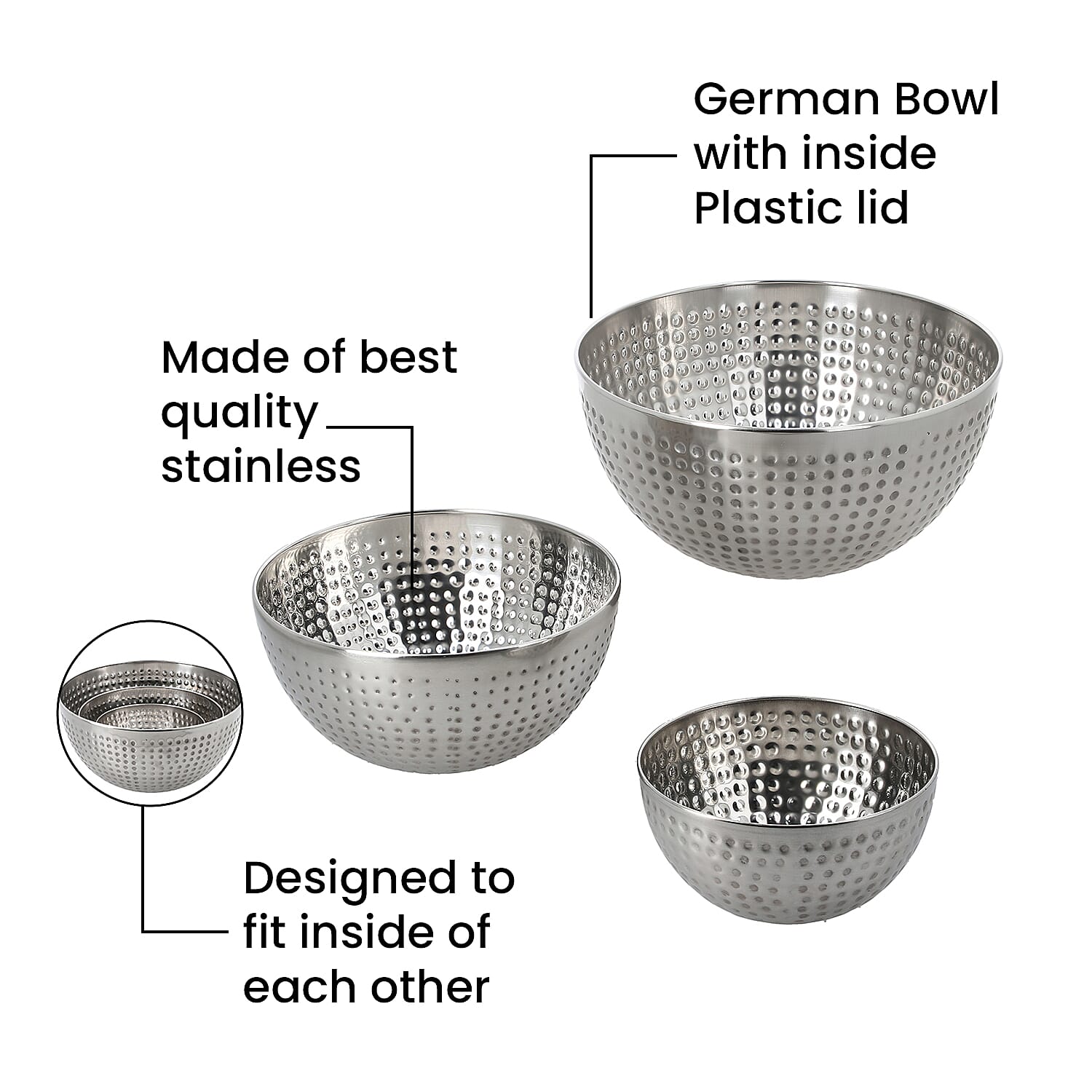 Set of 3 - Stainless Steel Bowl Set with Hammering - Silver