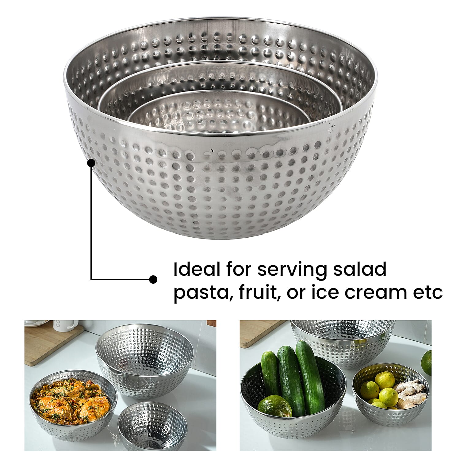 Set of 3 - Stainless Steel Bowl Set with Hammering - Silver