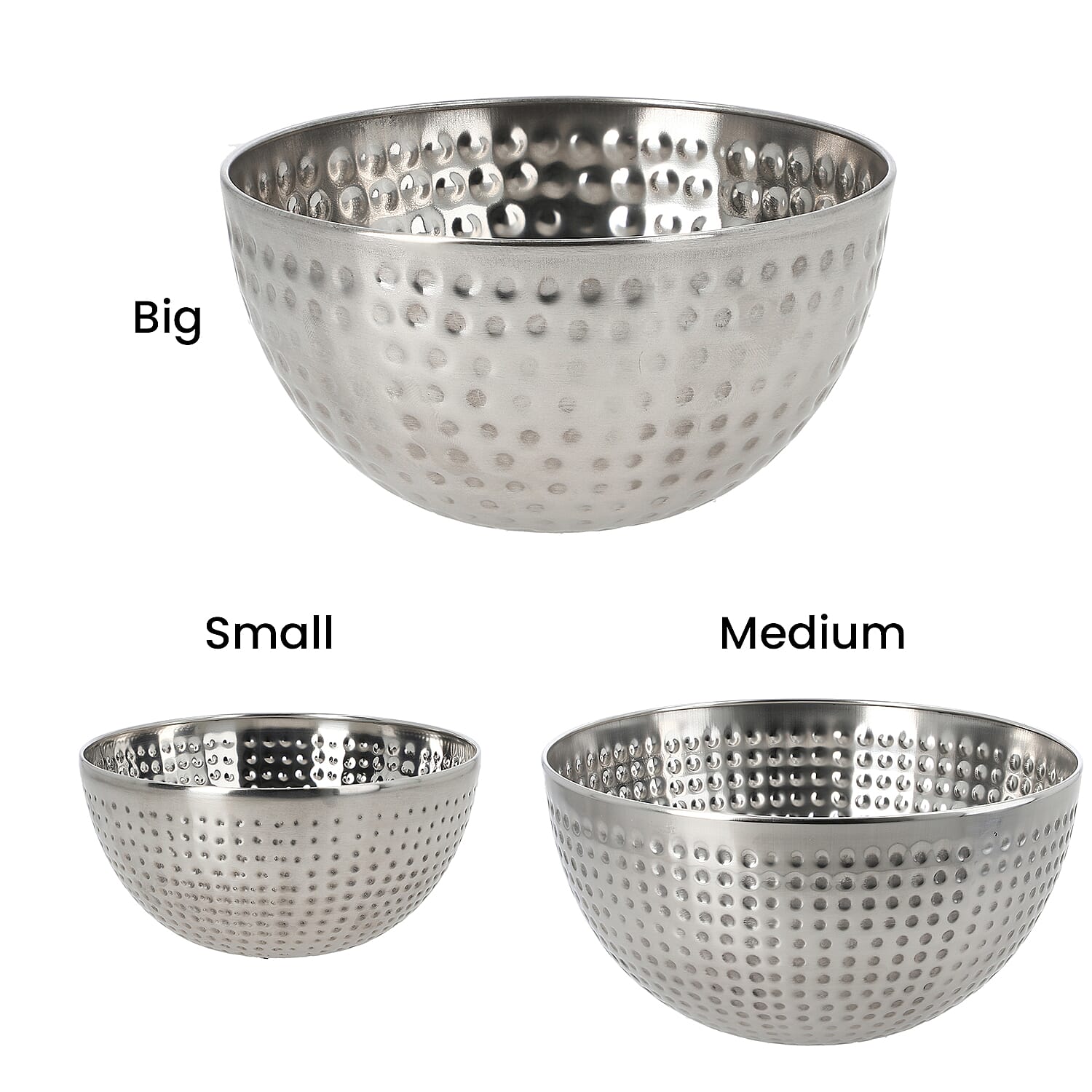 Set of 3 - Stainless Steel Bowl Set with Hammering - Silver