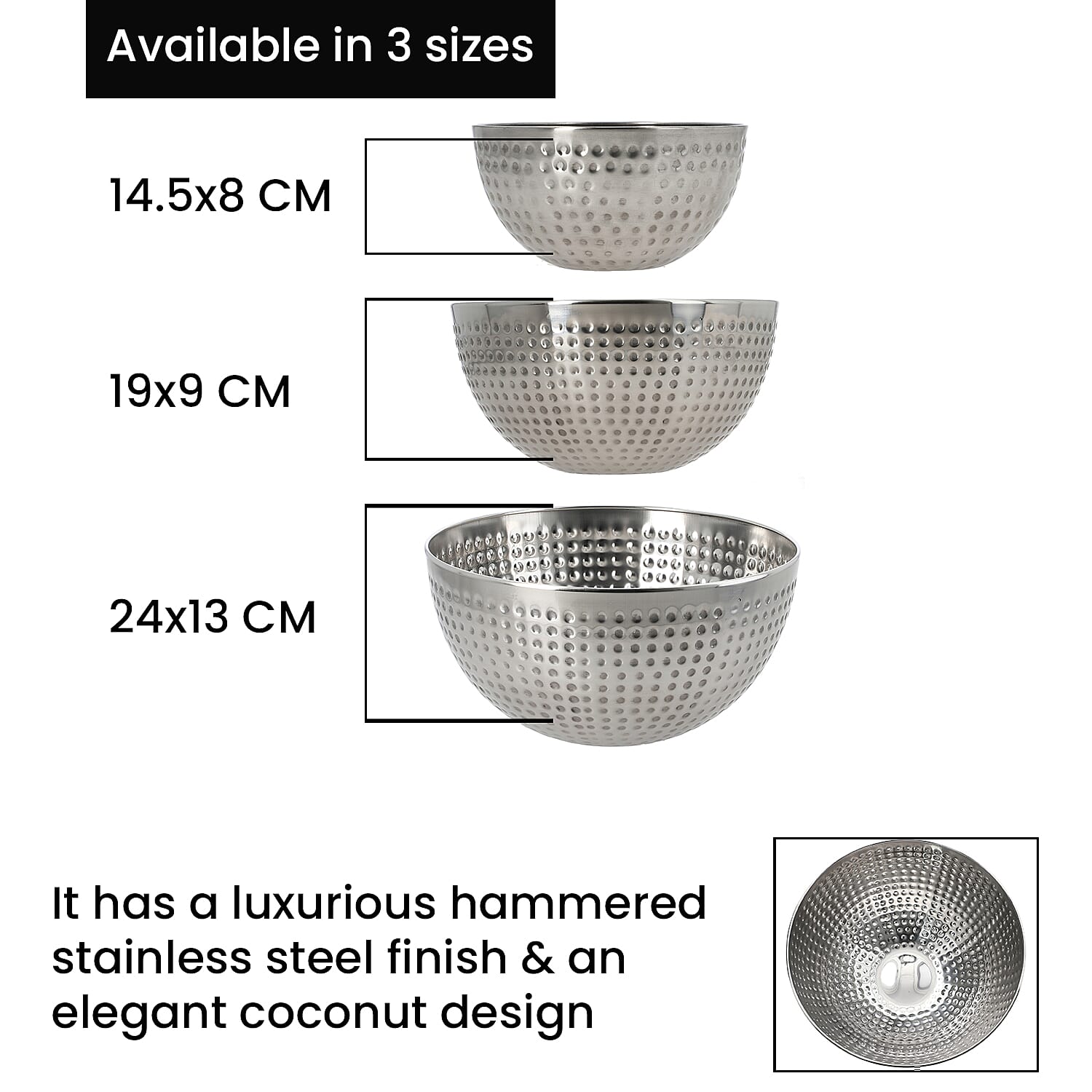 Set of 3 - Stainless Steel Bowl Set with Hammering - Silver