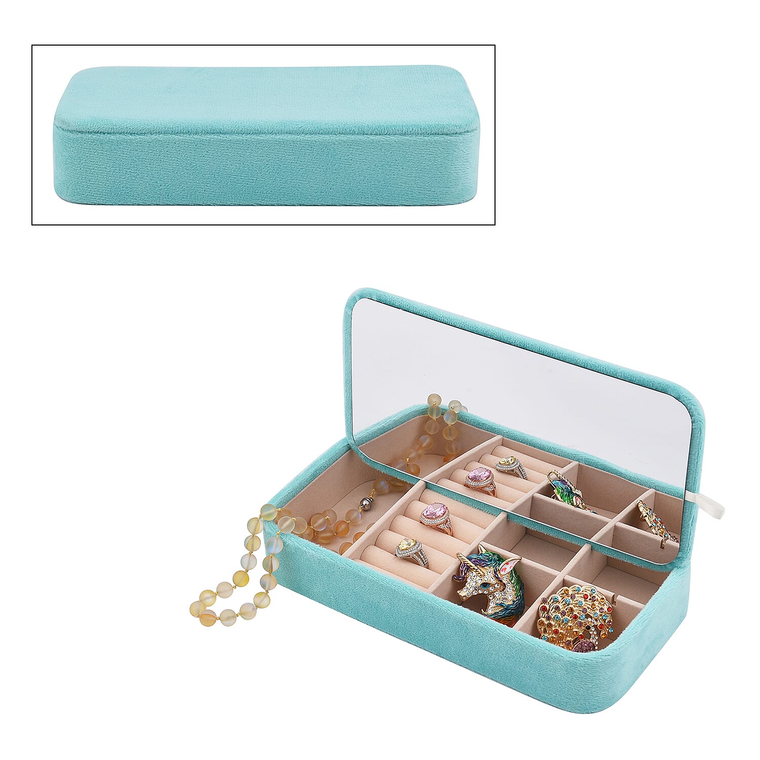 Portable Velvet Jewellery Box with Inside Mirror and Anti Tarnish Lining - Aquamarine Colour