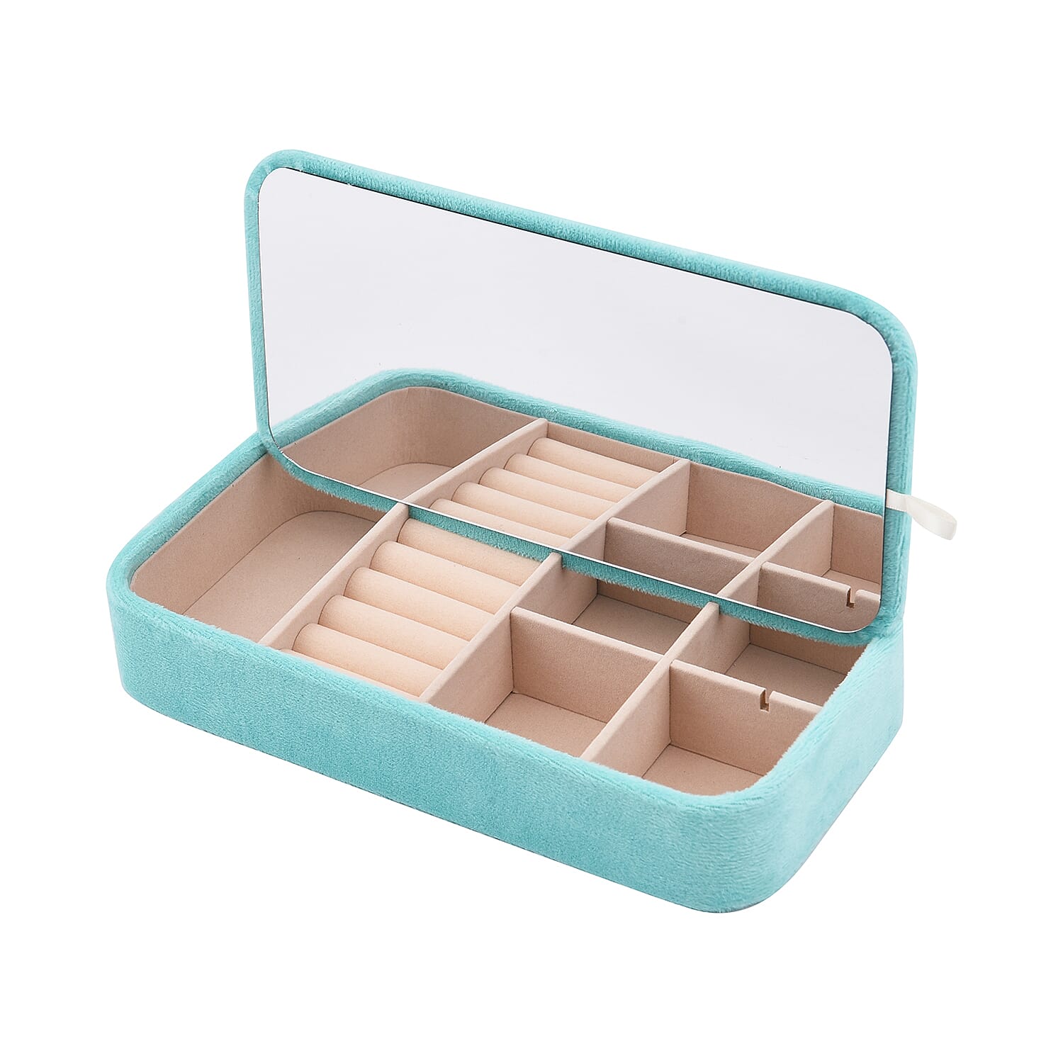 Portable Velvet Jewellery Box with Inside Mirror and Anti Tarnish Lining - Aquamarine Colour