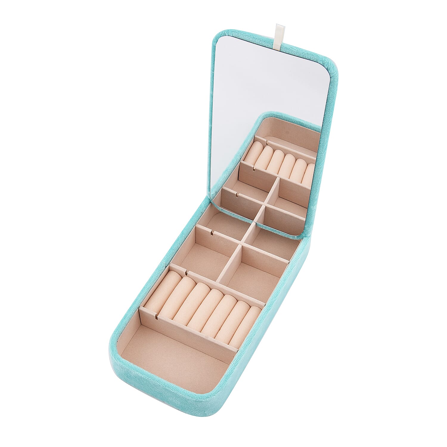Portable Velvet Jewellery Box with Inside Mirror and Anti Tarnish Lining - Aquamarine Colour